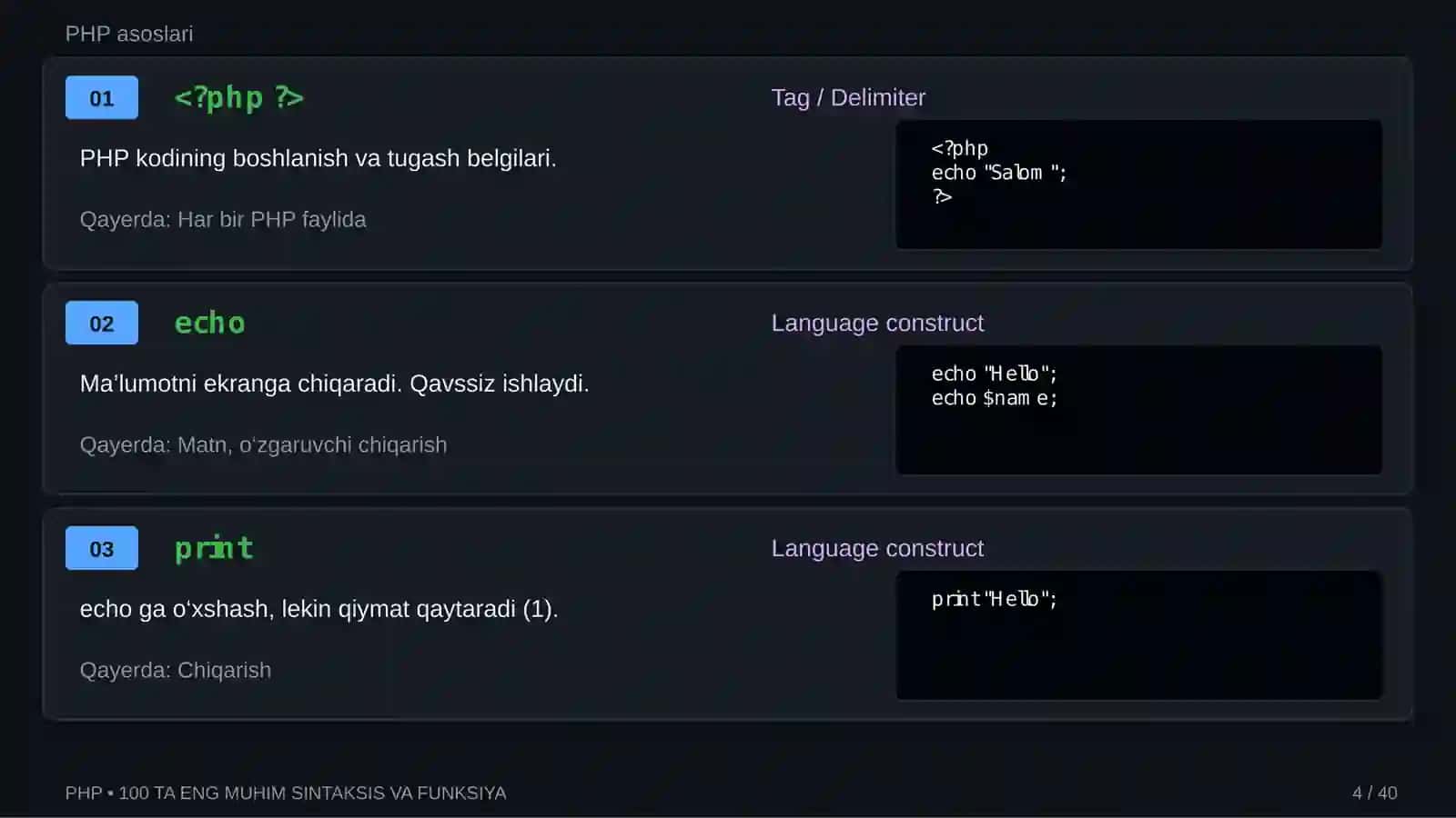 PHP — 100 TA ENG MUHIM SINTAKSIS VA FUNKSIYA 4