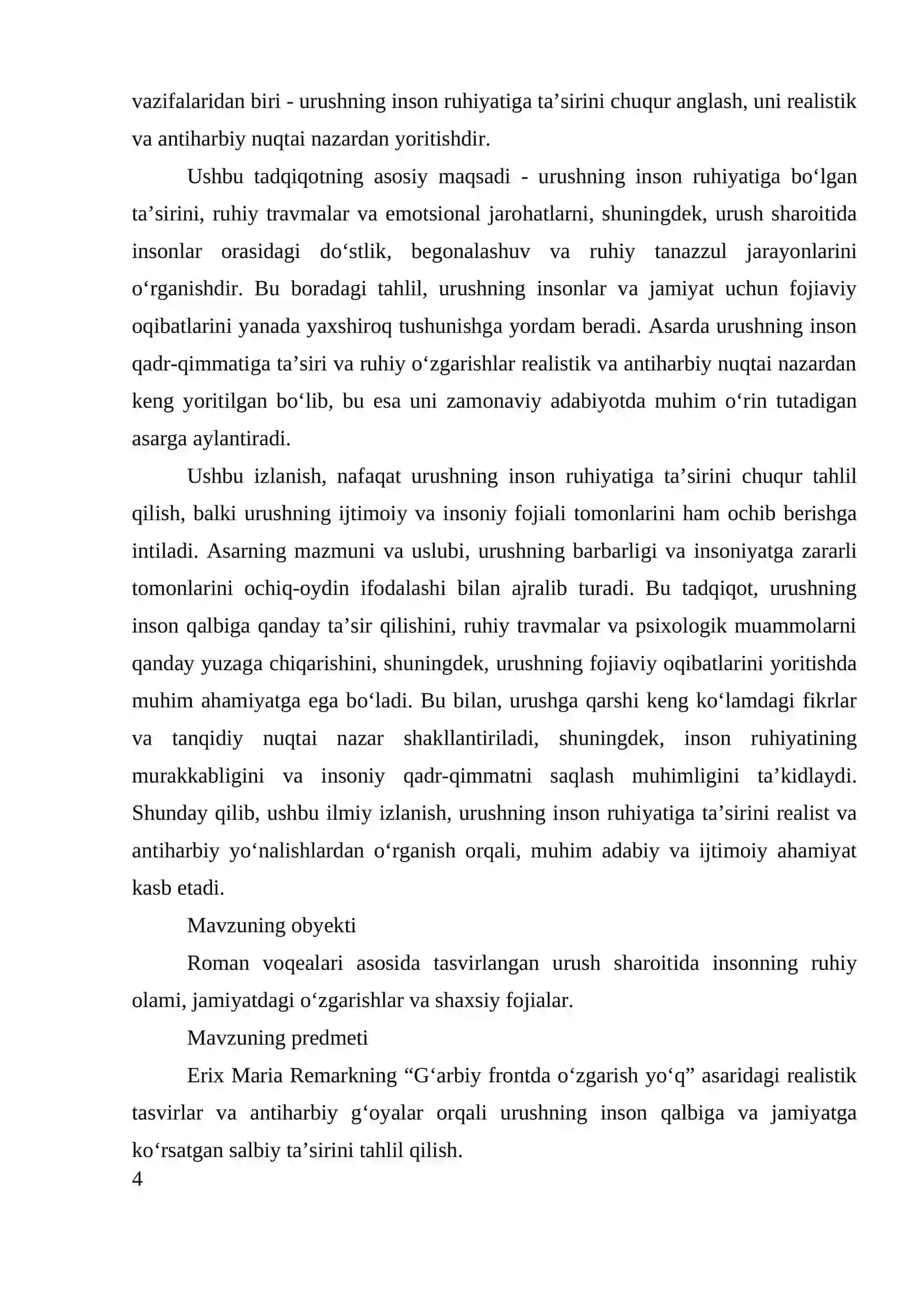ERIX MARIA REMARKNING "G‘ARBIY FRONTDA O‘ZGARISH YO‘Q"ANTIHARBIY VA REALISTIK ROMANIDA URUSHNING INSON RUHIY DUNYOSIGA KO‘RSATGAN TA’SIRI VA URUSHNING FOJIAVIY OQIBATLARI 4