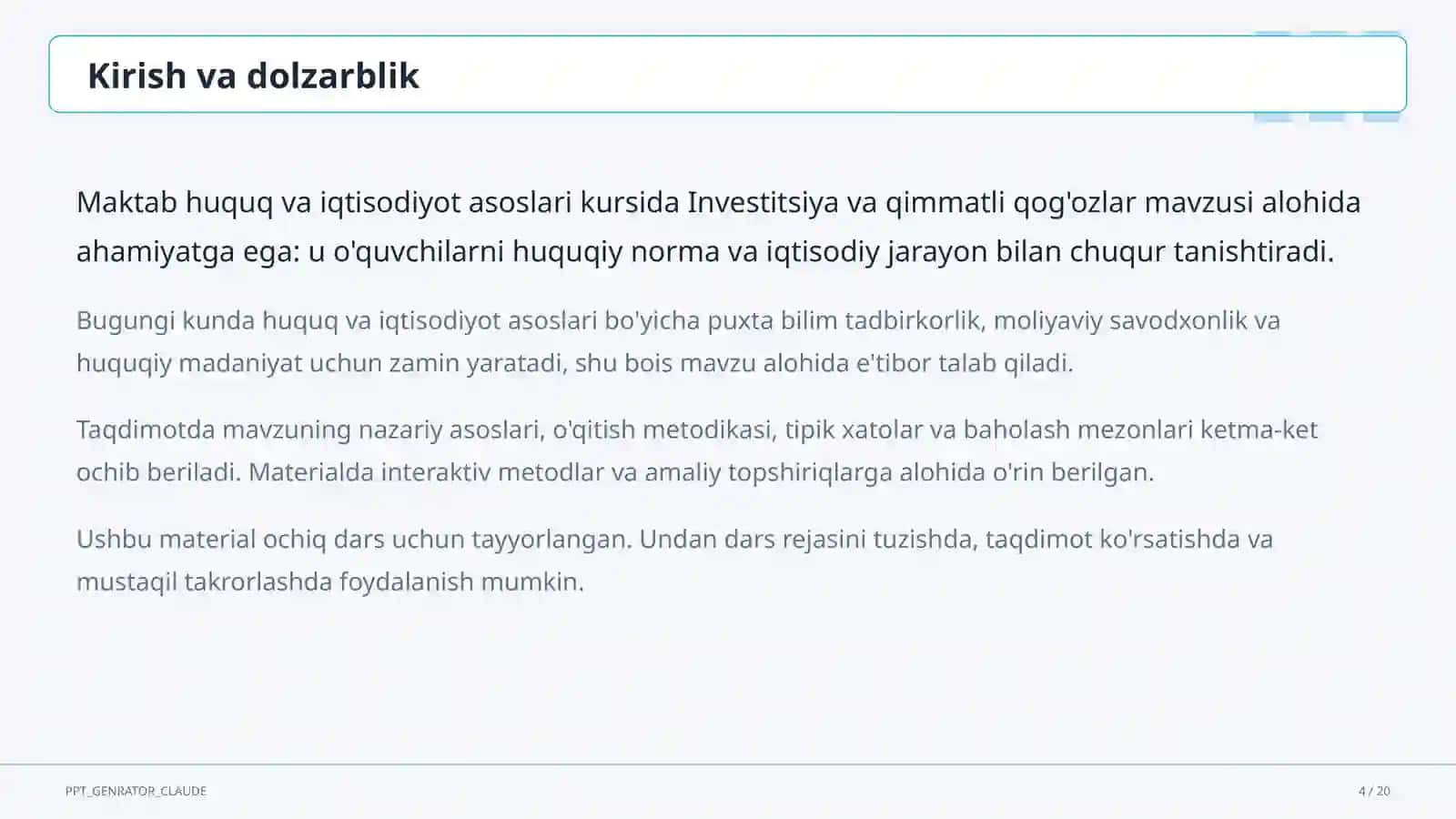 Investitsiya va qimmatli qog'ozlar (11-sinf) 4