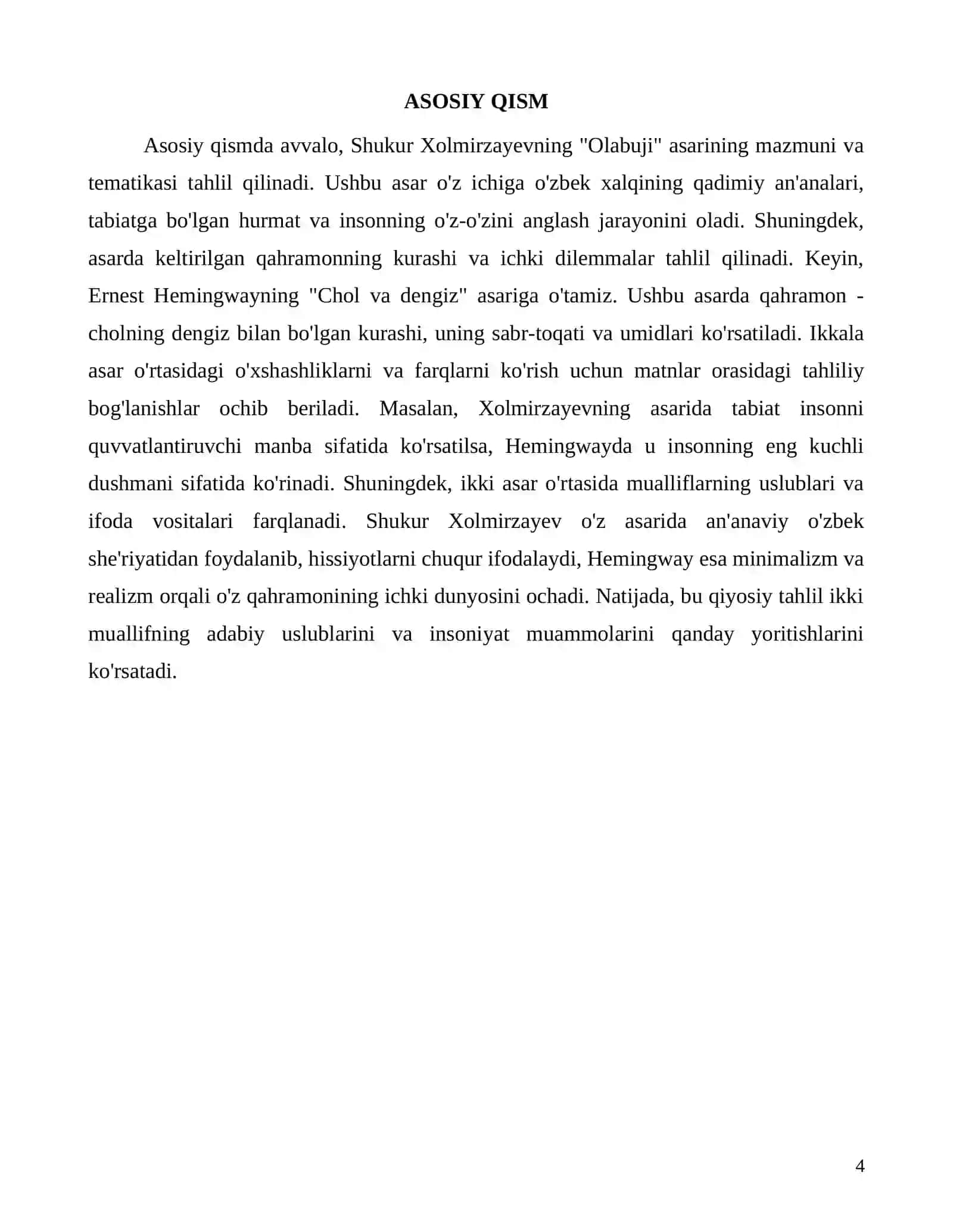 Shukur Xolmirzayevning Olabuji asari va Ernest Hemingwayning Chol va dengiz asarini qiyoslash 4