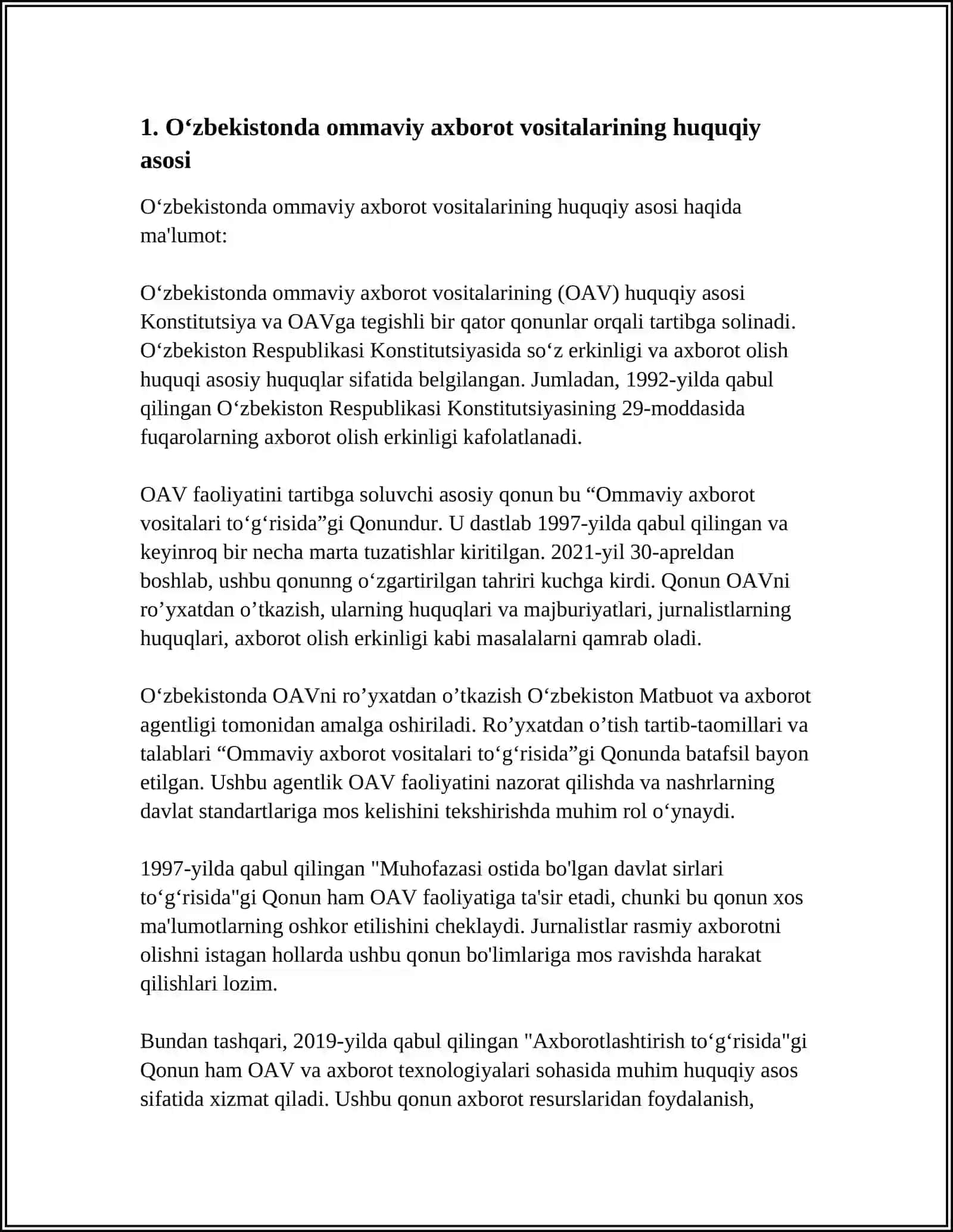 O‘ZBEKISTON RESPUBLIKASIDA OMMAVIY AXBOROT VOSITALARINING FAOLIYATI 4