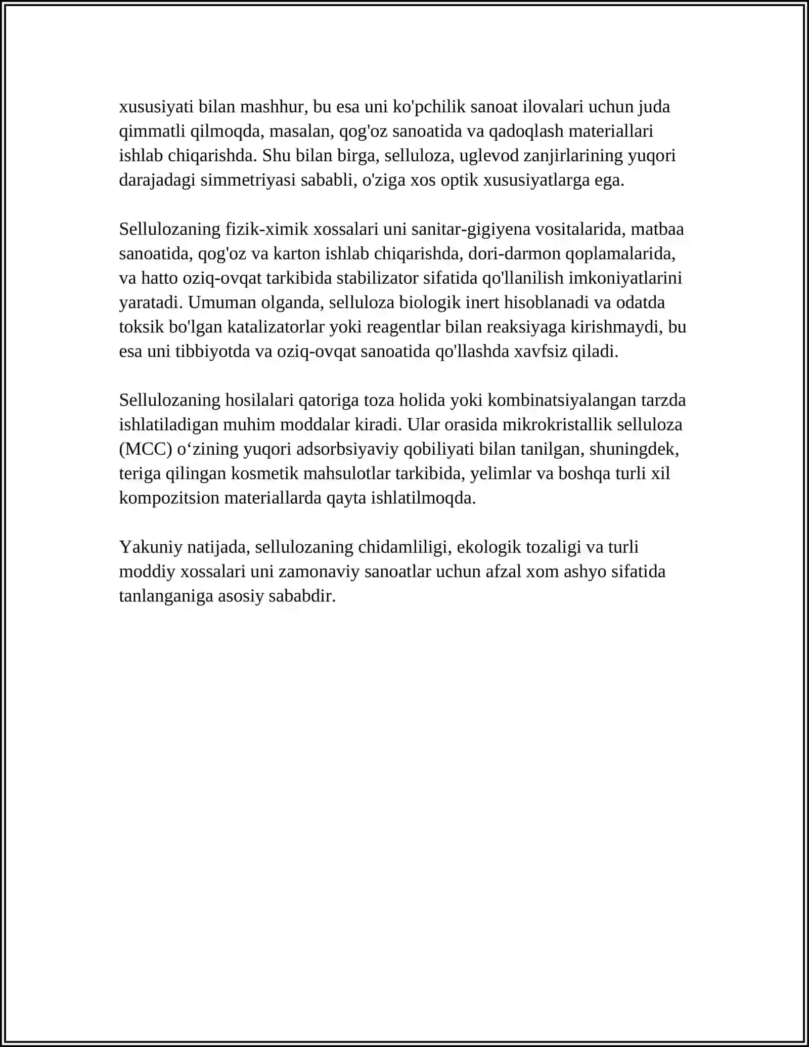 SELLULIOZA VA TABIIY IPAKNING POLIMERANOLOGIK O'ZGARISHLARI.DESTRYUKSIYANI TEZLATUVCHI VA SEKINLATUVCHI REAKSIYALAR.SHISHASIMON YUQORI ELASTIK VA QOVUSHQOQ-OQUVCHAN HOLATLARNING MASSASIGA BOG'LIQLIQLIGI 4