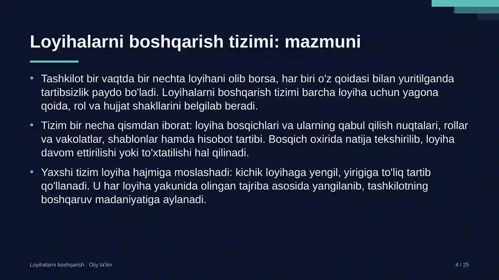 Loyihalarni boshqarish · Oliy ta'lim 4