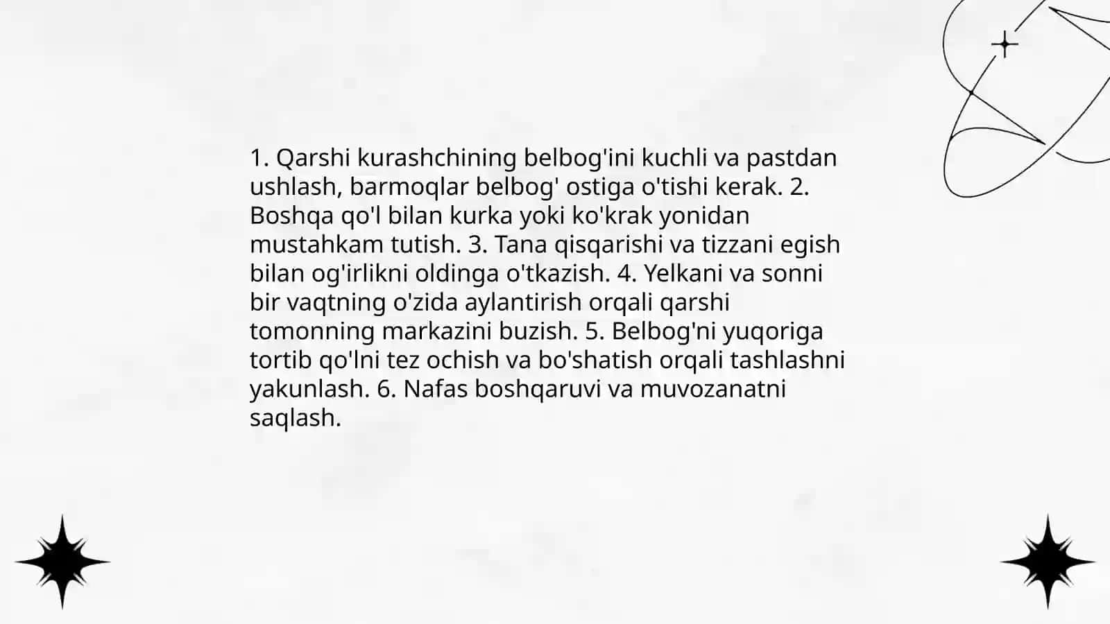 Belbog'li kurashda koʻkrakdan oshirib tashlash usuli 4