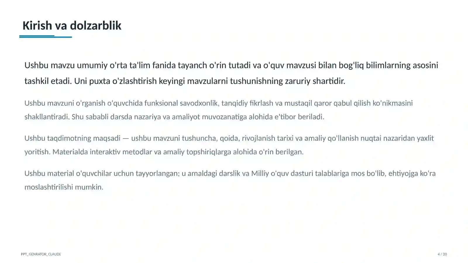 Dolzarb mavzular — maktab va o'qituvchilar (2026) — o'quvchilar uchun 4