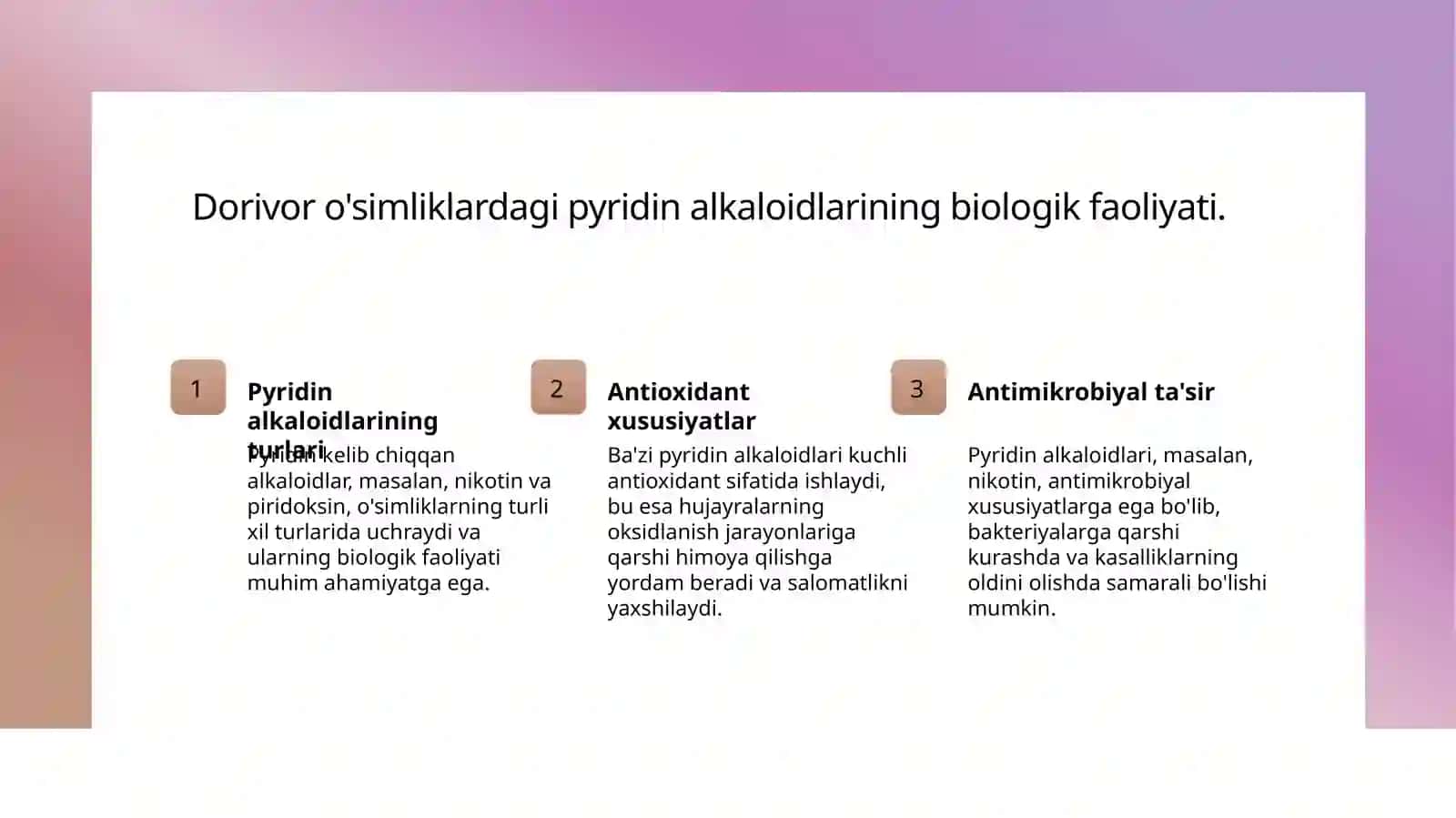 Tarkibida pridin unumiga kiruvchi alkaloidlar bòlgan dorivor òsimliklar 4