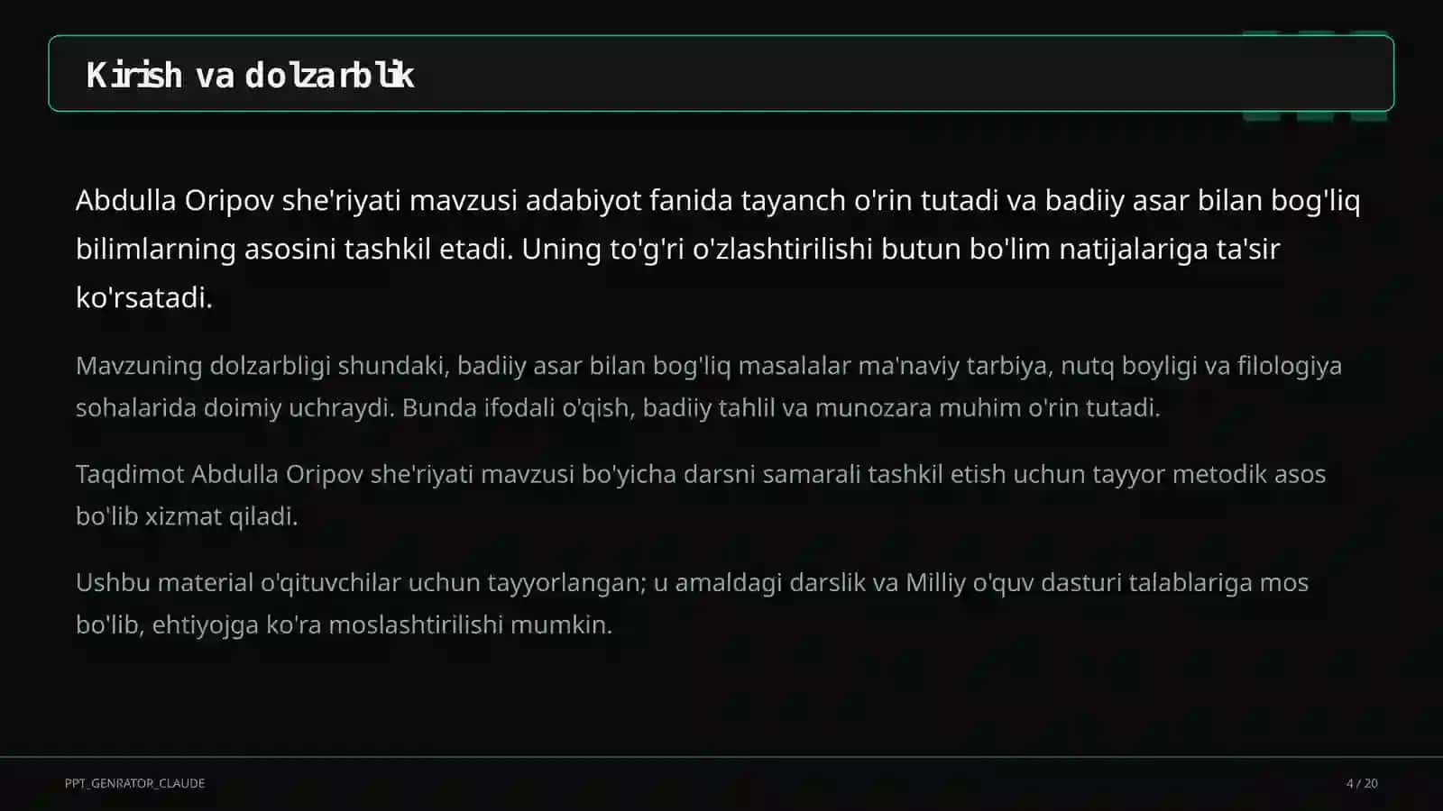 Abdulla Oripov she'riyati (9-sinf) 4