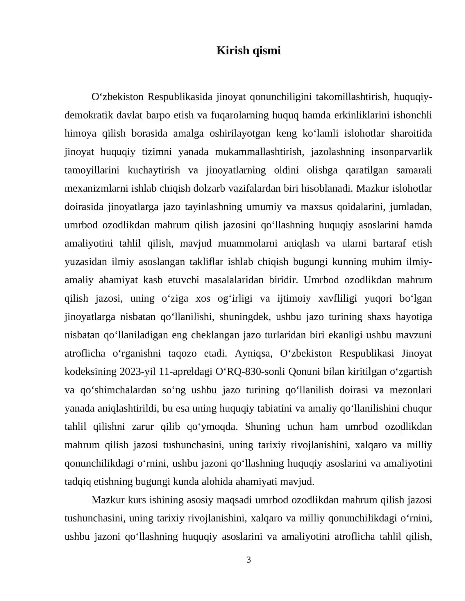 Umrbod ozodlikdan mahrum qilish jazosi tushunchasi, ushbu jazoni qoʻllash asoslari. 4
