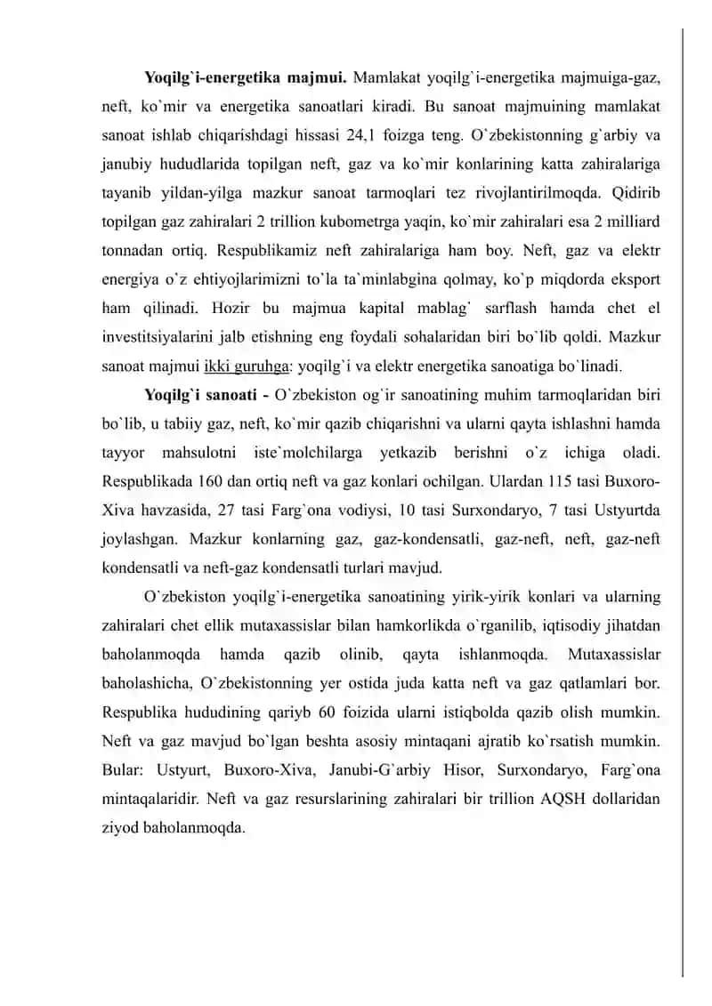 O`zbekiston respublikasi sanoati va uning tarmoqlari. yoqilg`i-energetika sanoati. 4