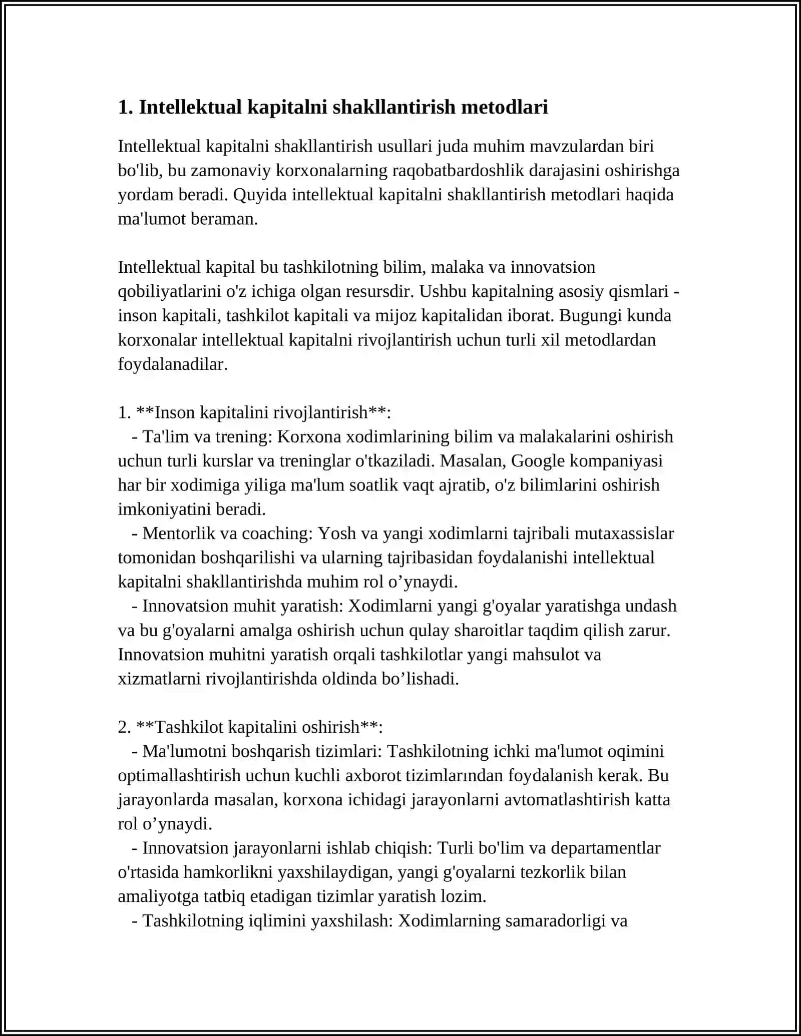 INTELLEKTUAL KAPITAL, INTELLEKTUAL MULKNI SHAKLLANTIRISH VA BOSHQARISH. TEXNOLOGIYALAR KONSORTSUMNING INNOVATSIYALARGA TA'SIRI 4