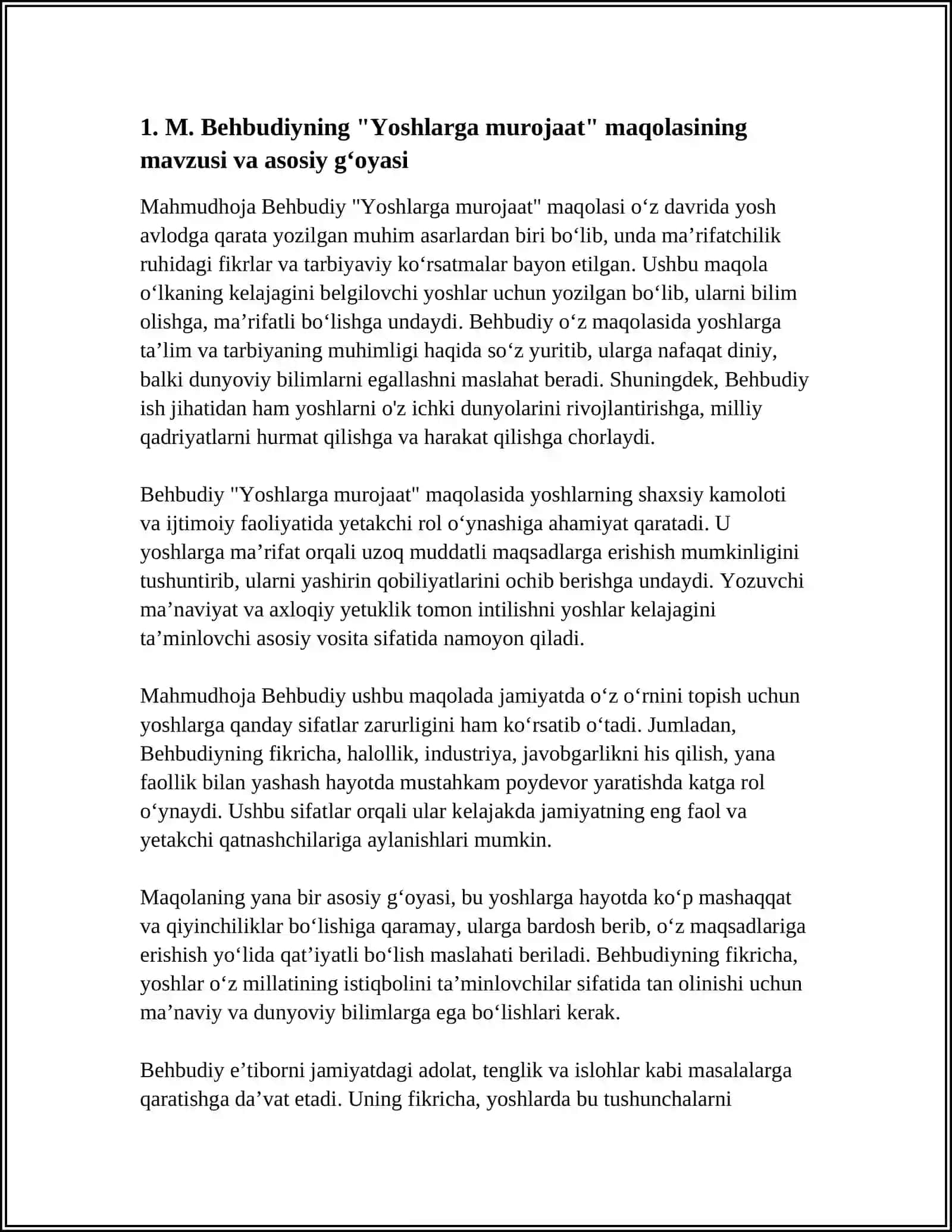 M.BEHBUDIYNING"YOSHLARGA MUROJAAT"VA "MUHTARAM YOSHLARGA MUROJAAT"MAQOLALARINI TAHLIL ETISH VA ESSE TAYORLASH 4