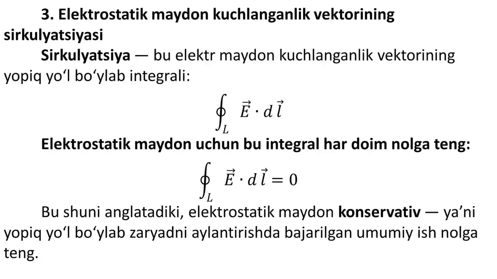 BIR JINSLI ELEKTR MAYDONIDA ZARYADNI KO'CHIRISHDA BAJARILGAN ISH.ELEKTROSTATIK MAYDON KUCHLANGANLIK VEKTORINING SIRKULYATSIYASI.MAYDON POTENSIALI.ZARYADLARNING POTENSIAL MAYDONI VA ENERGIYASI.ELEKTR MAYDON KUCHLANGANLIGI VA POTENSIAL ORASIDAGI BOG'LANISH 4