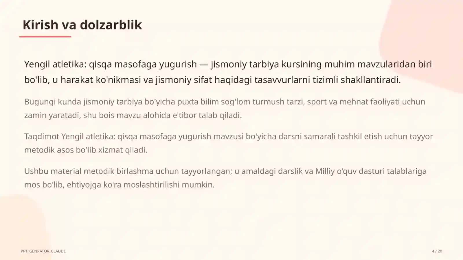 Yengil atletika: qisqa masofaga yugurish (4-sinf) 4