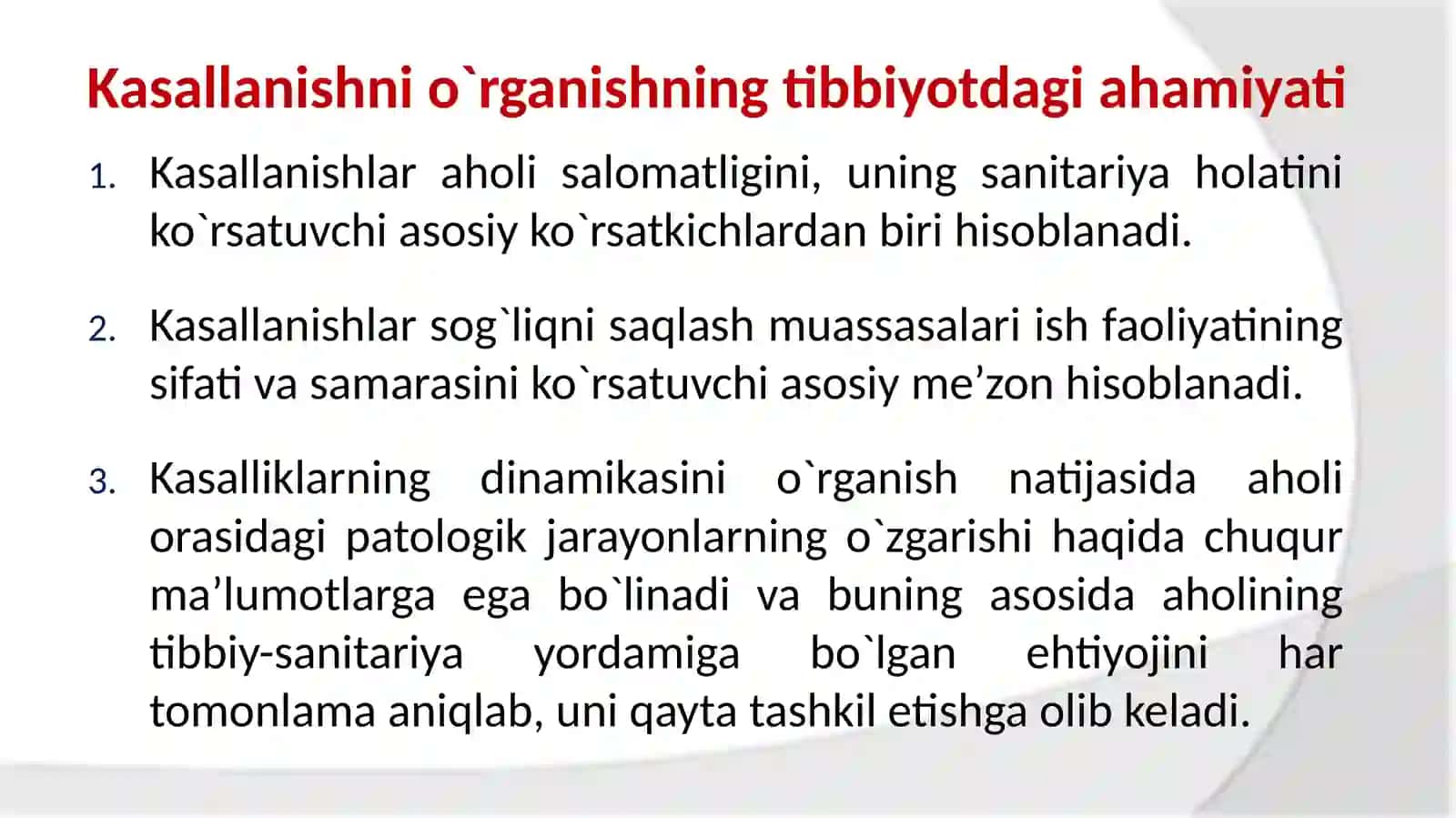 Aholi kasallanishi va uni o`rganish usullari, tibbiy-ijtimoiyqirralari.Jismoniyrivojlanish.Xalqarokasalliklartasnifi 4