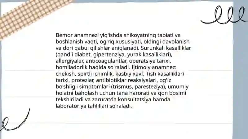 Yuz jag sohasini tekshirish asoslari,stamatologik bemorlarni tekshirish usullari 4
