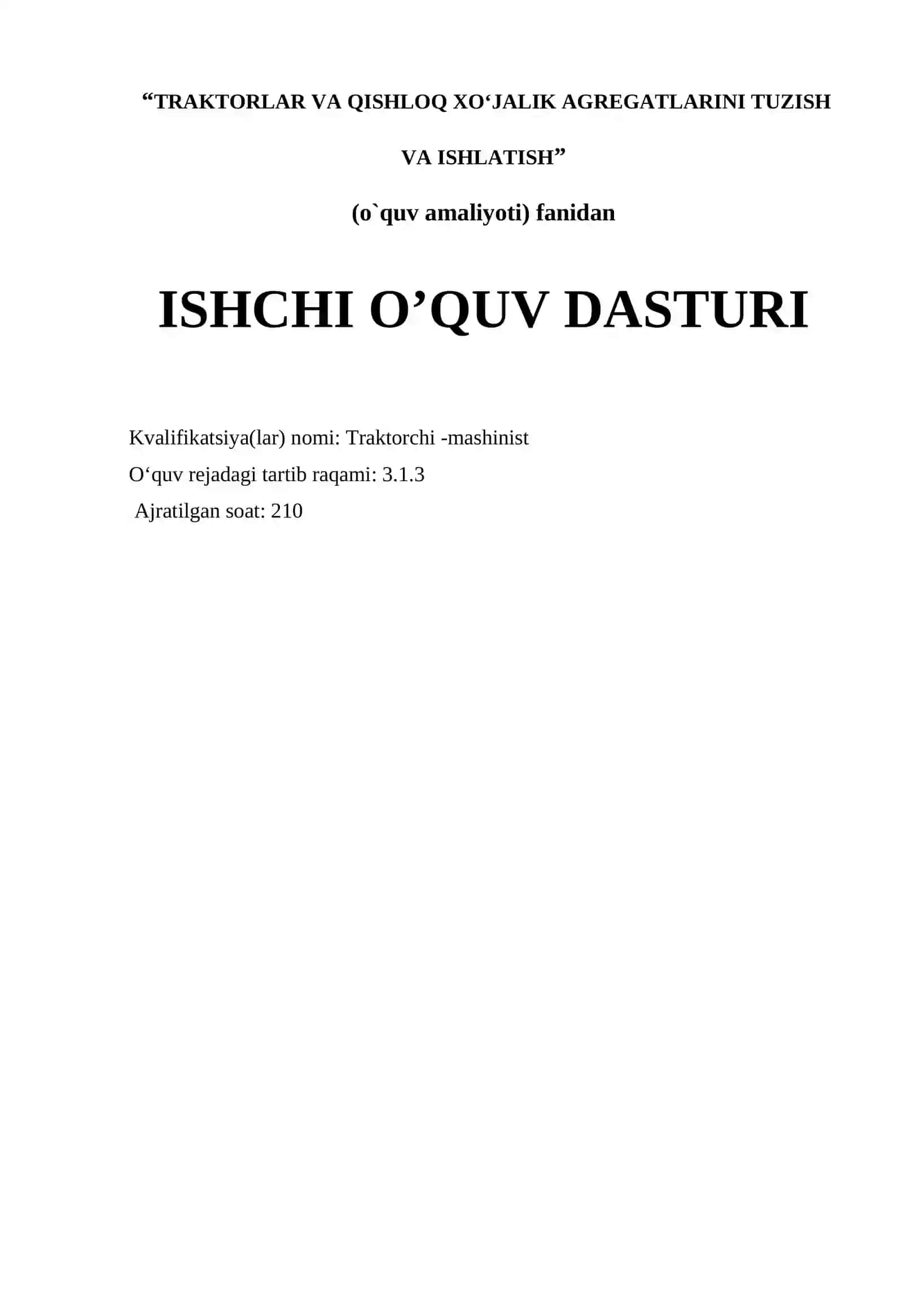 Traktorlar va qishloq xo’jalik agregatlarini  tuzish va ishlatish o’quv amaliyotidan O’qitish materiallari TO’PLAMI 4