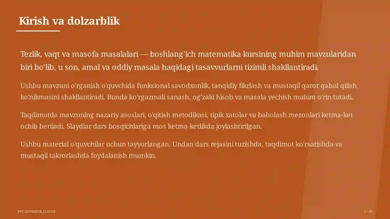 Tezlik, vaqt va masofa masalalari (4-sinf) 4