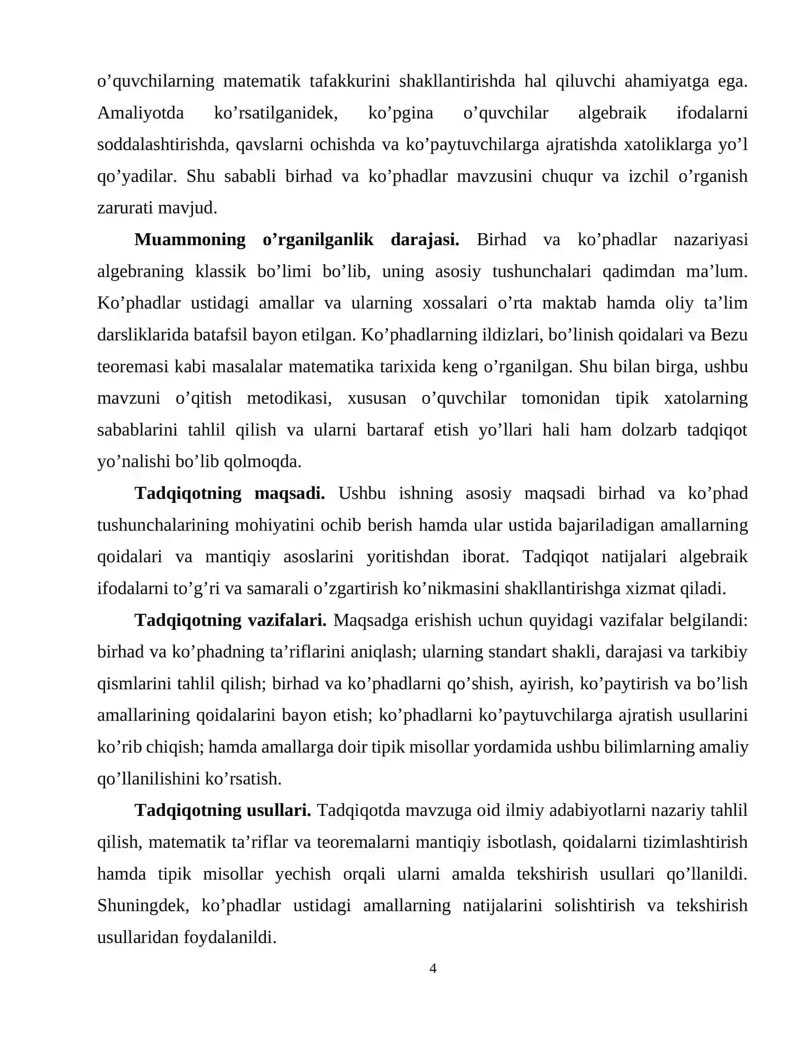 Birhad va ko'phad tushunchalari va ular ustida amallar. 4
