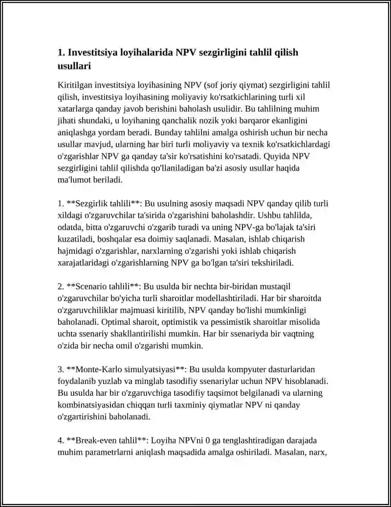 INVESTITSIYA LOYIHALARINING SEZGIRLIGINI TAHLIL QILISH VA BAHOLASH 4