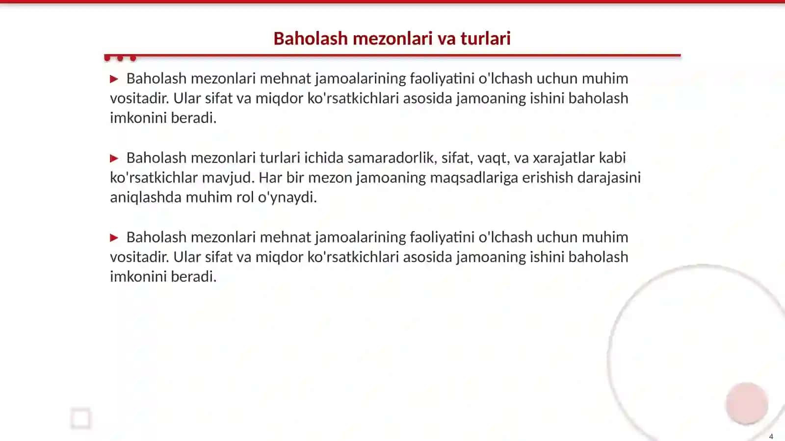Mehnat jamoalarining faoliyatini baholash mezonlar 4