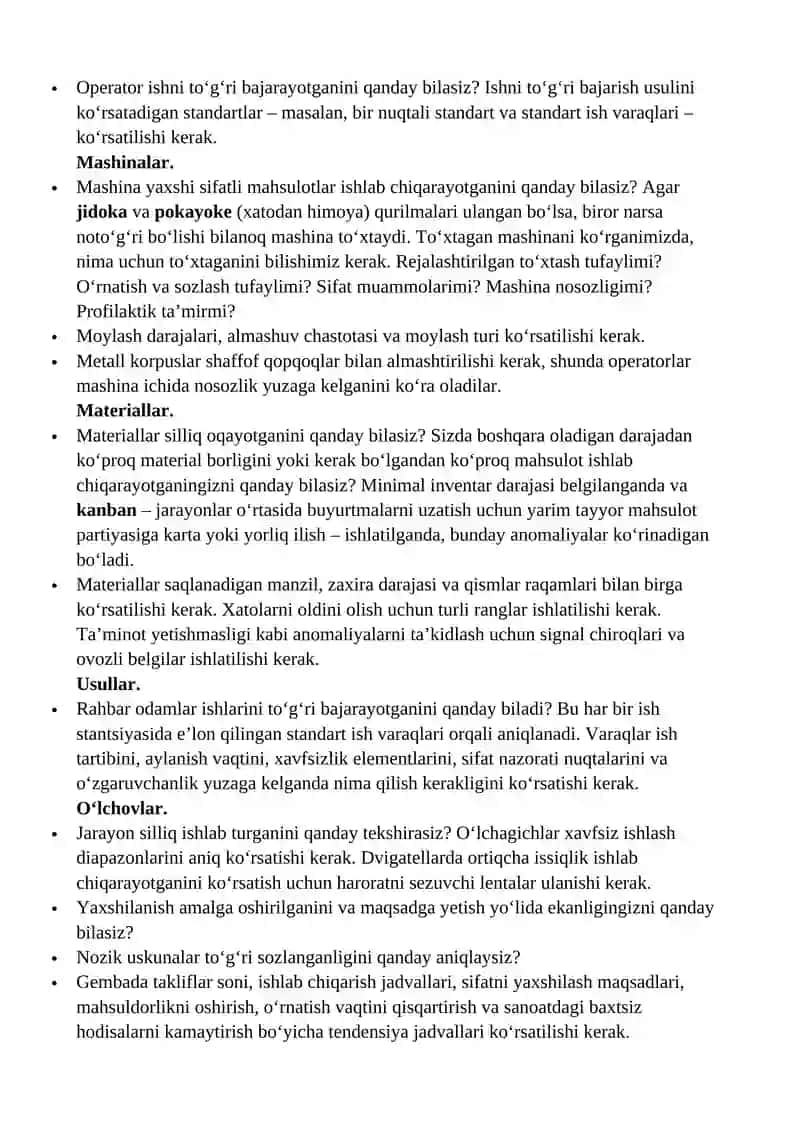 Gembutsu – ya'ni haqiqiy mahsulot, jadvallar, ro'yxatlar va ishlash ko'rsatkichlari yozuvlarini aniq ko'rsatishni (Vizual boshqaruv) 4