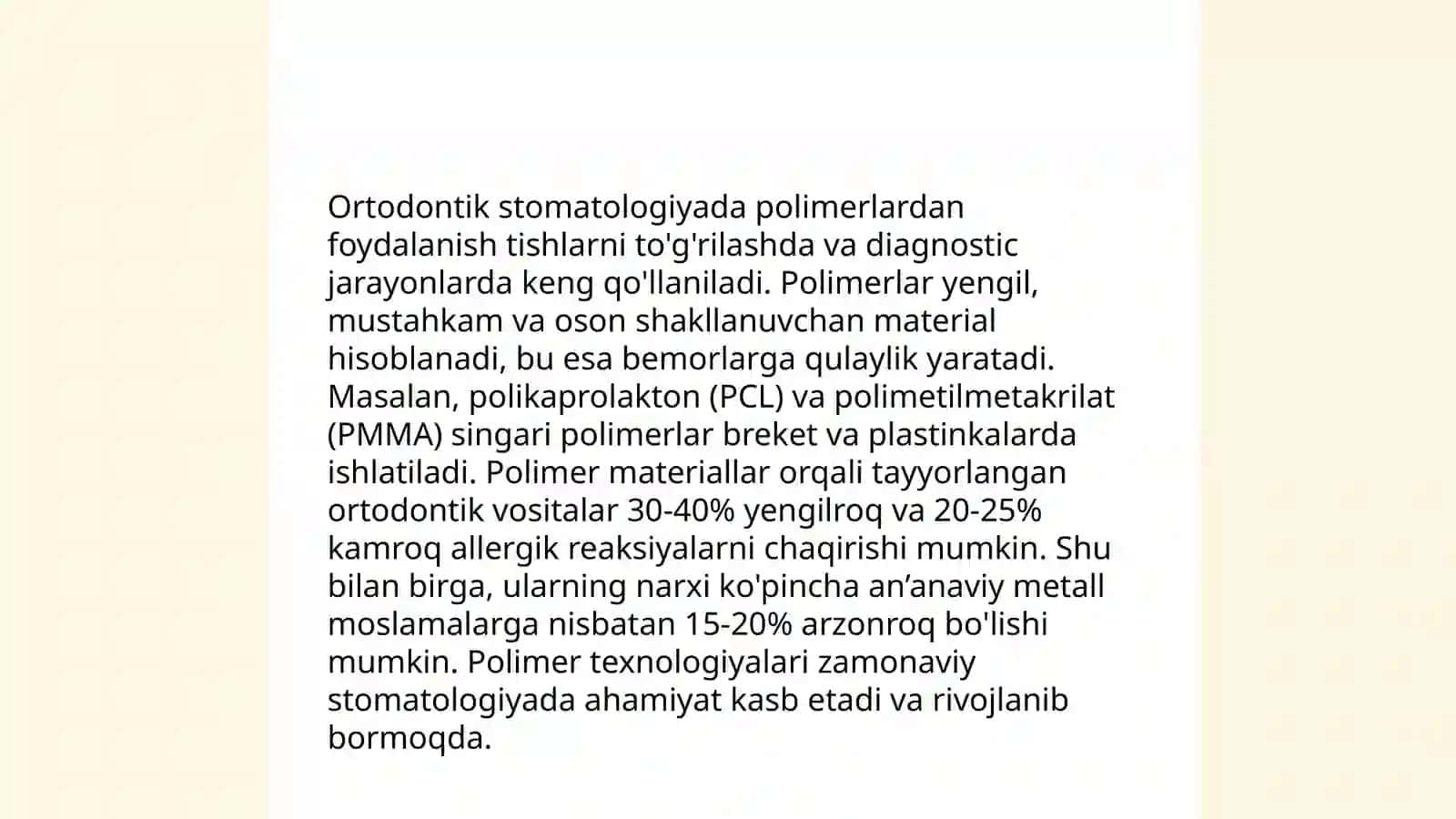 Polimerlar. Ortopedik stomatologiya amaliyotida ishlatiladigan plastmassalar 4