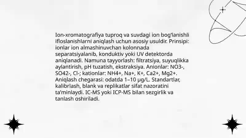 Tuproq va suvning ifloslanishida ion bogʻlanishli birikmalarni aniqlab ulardan tozalash usulini ishlab chiqish 4