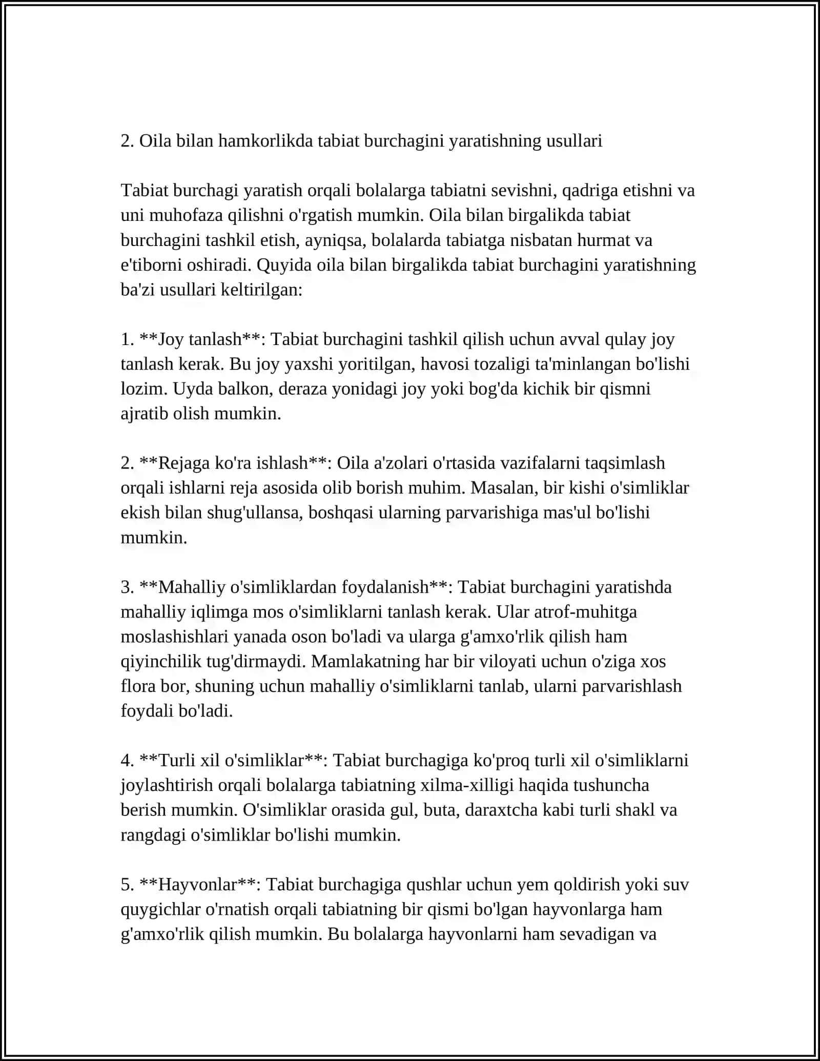 TABIAT BURCHASINI TASHKIL ETISH AGROTEXNIKASI.OILA HAMKORLIGIDA TABIAT BURCHAGINI TASHKIL ETISH MOHIYATI.MAKTABGACHA TALIM TASHKILOTIDA YER MAYDONCHASI.METODLARI VA VOSITALARI 4