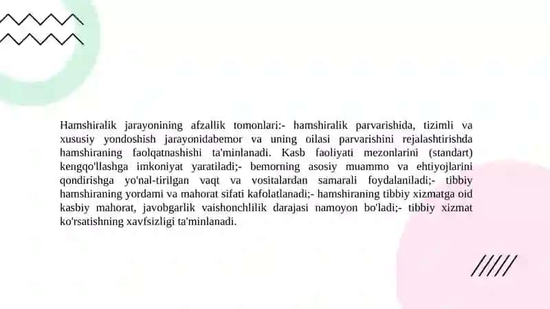 Hamshiralik jarayoni sxemasi va ularning umumiy xarakteristikasi 4