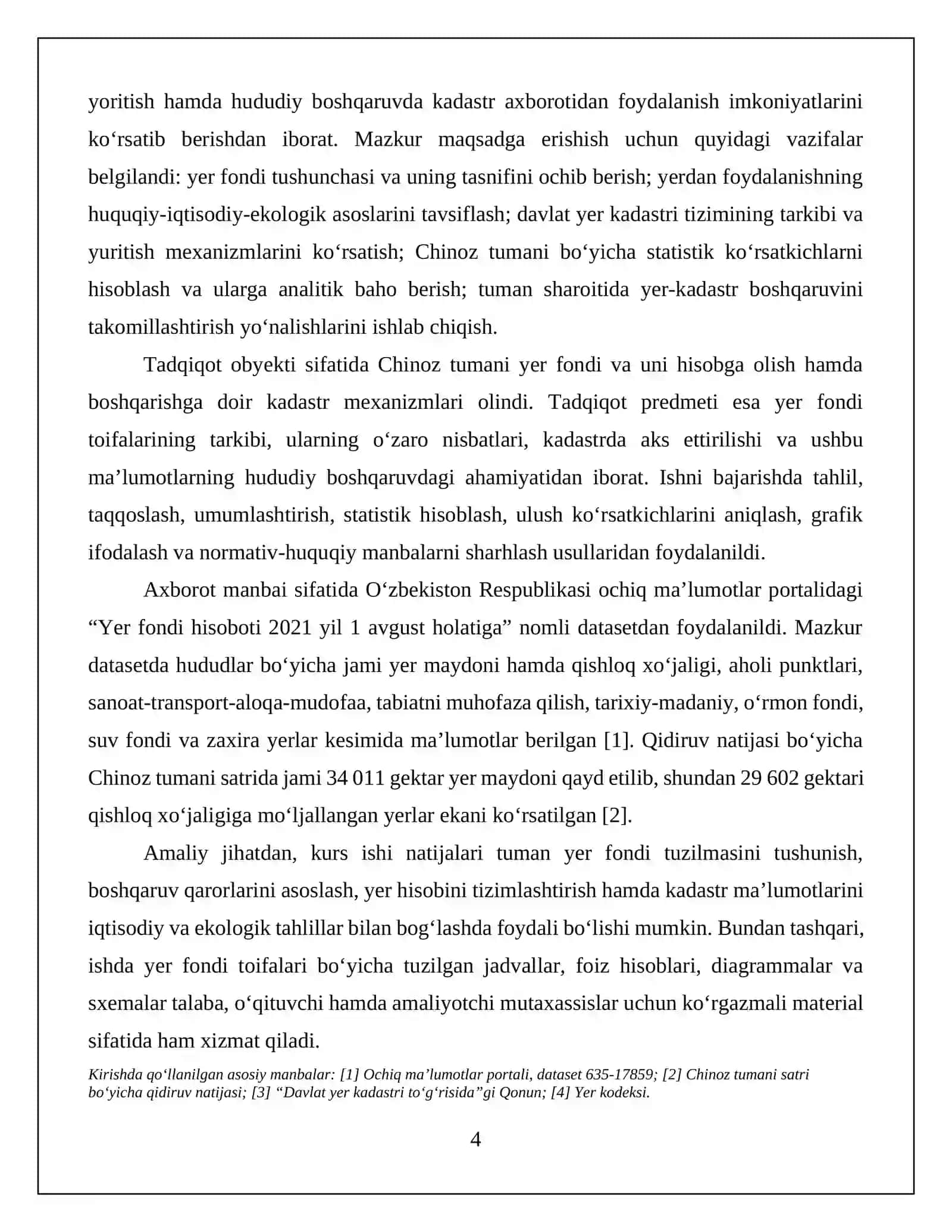 Chinoz tumani yer fondi toifalari tahlili va yer kadastri tizimi bilan tanishish KURS ISHI 2026 4