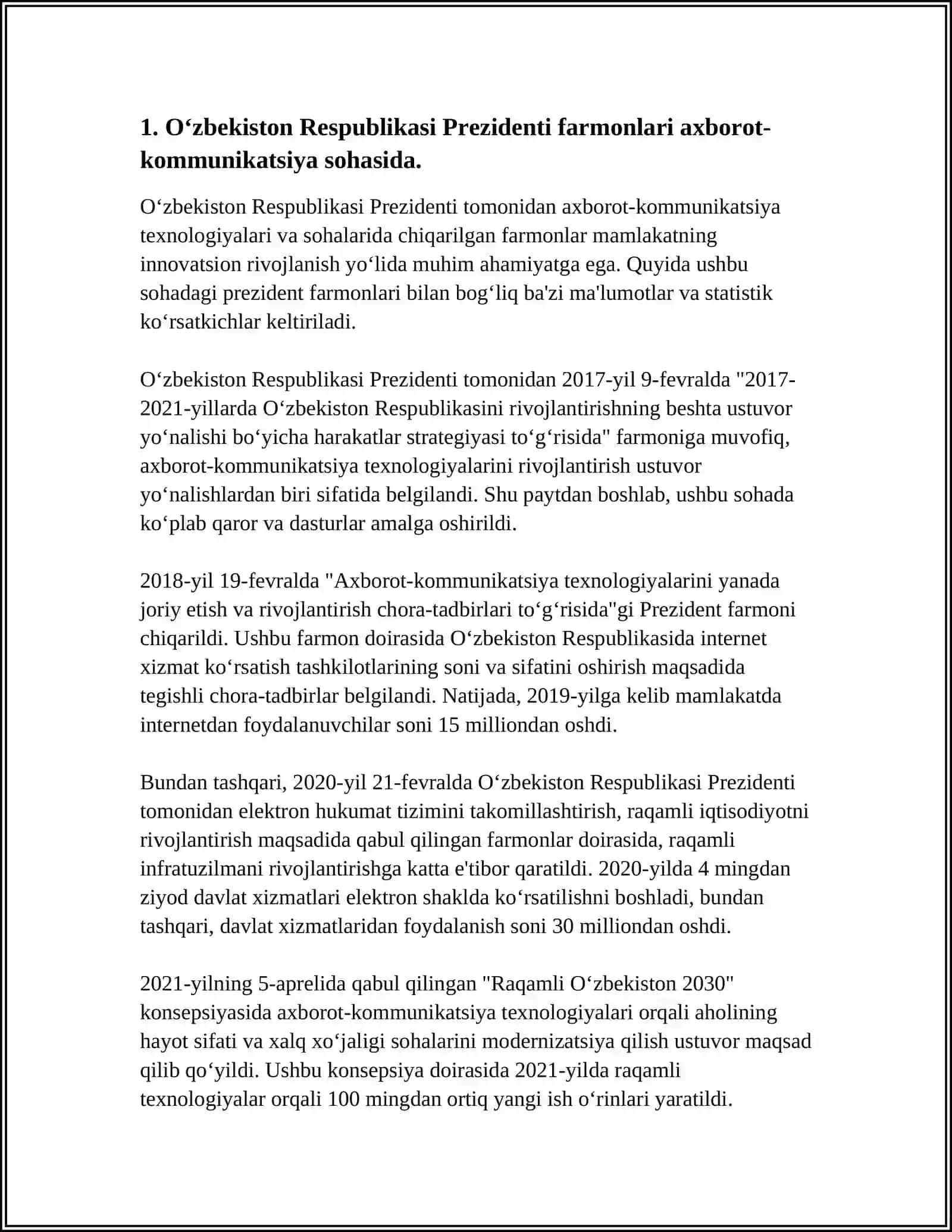ÓZBEKISTONDA AXBOROT KOMMUNIKATSIYA SOHASINI RIVOJLANTIRISHDAGI ASOSIY YÓNALISHLARI, AMALDAGI QONUNLAR, ÓZBEKISTON RESPUBLIKASI PREZIDENTI FARMONLARI VA VAZIRLAR MAXKAMASINING QARORLARI 4