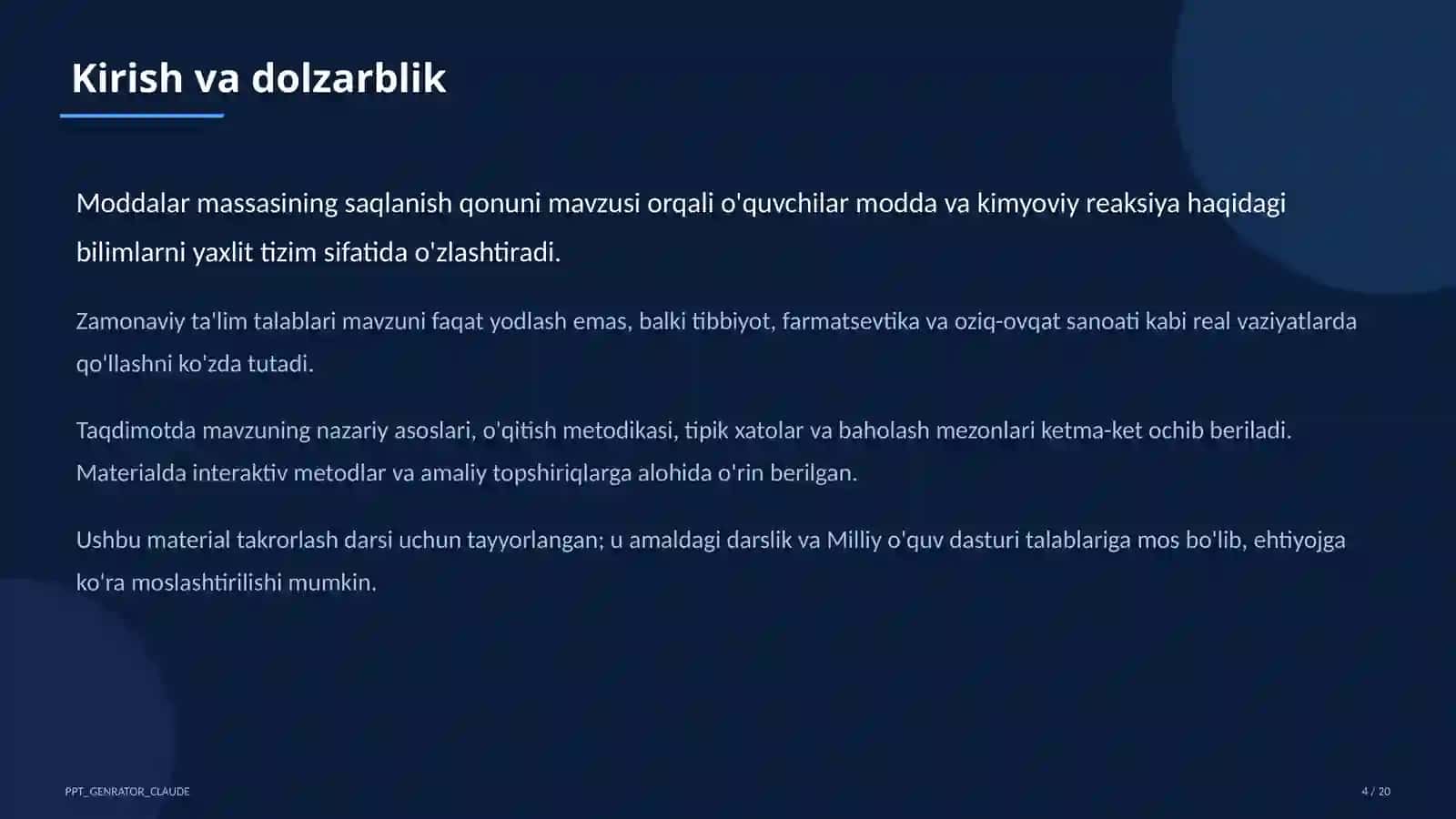 Moddalar massasining saqlanish qonuni (7-sinf) Kimyo (7–11) — takrorlash darsi uchun 4