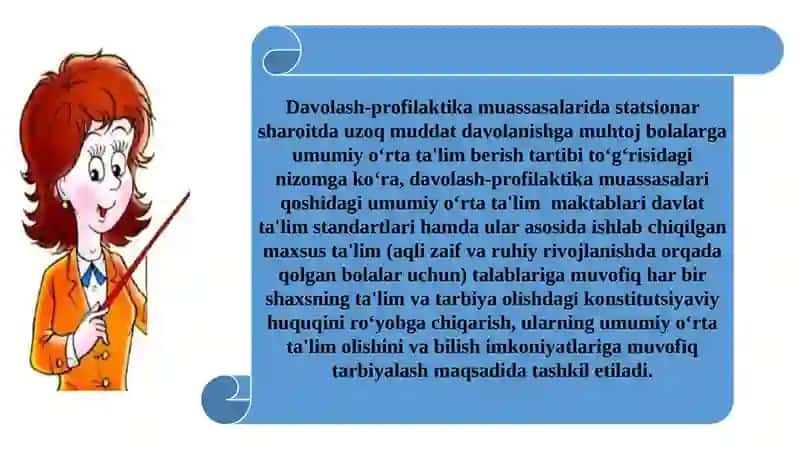TIBBIYOT MUASSASALARI STATSIONARLARIDA UZOQ MUDDATLI DAVOLANAYOTGAN BOLALAR UCHUN TA’LIM MUHITINI YARATISH.TIBBIYOT SHIFOXONALARIDA UZOQ MUDDATLI DAVOLANAYOTGAN BOLALARNING TA’LIM OLISH IMKONIYATLARINI PEDAGOGIK QO’LLAB QUVVATLASH. 4