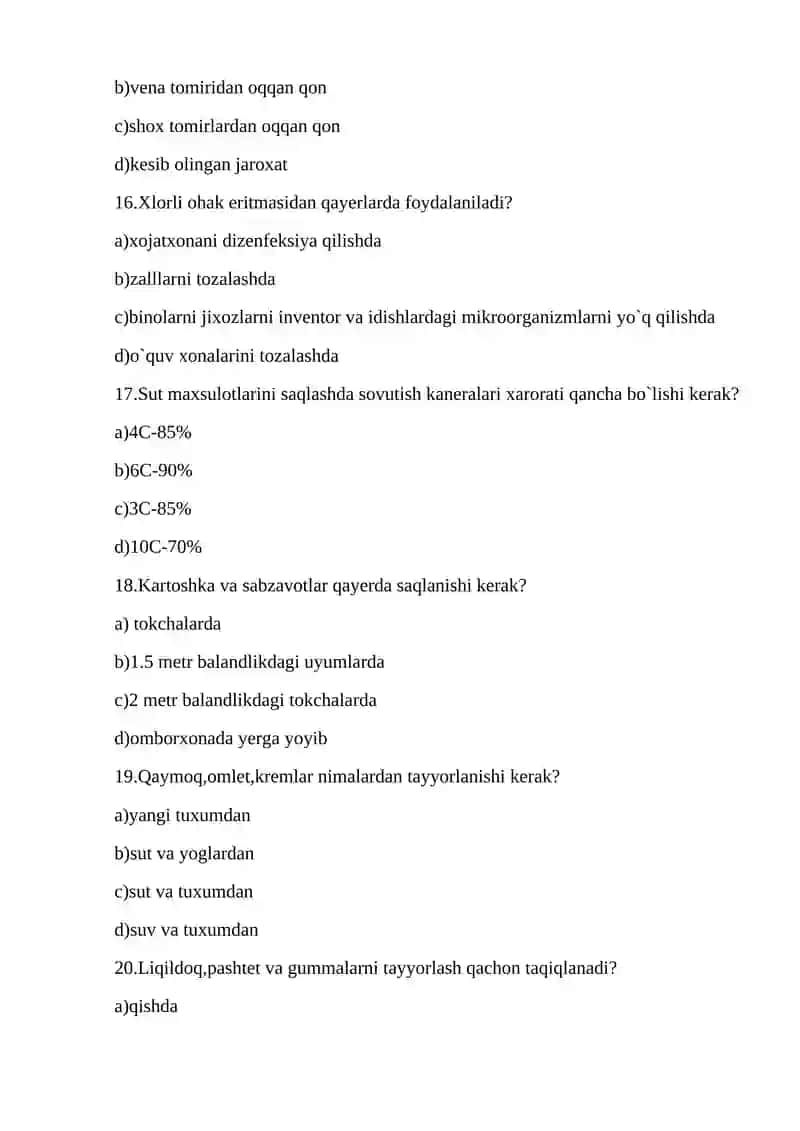 Oshpazlik taomlari tayyorlash o`quv amaliyoti fanidan test savollari 4