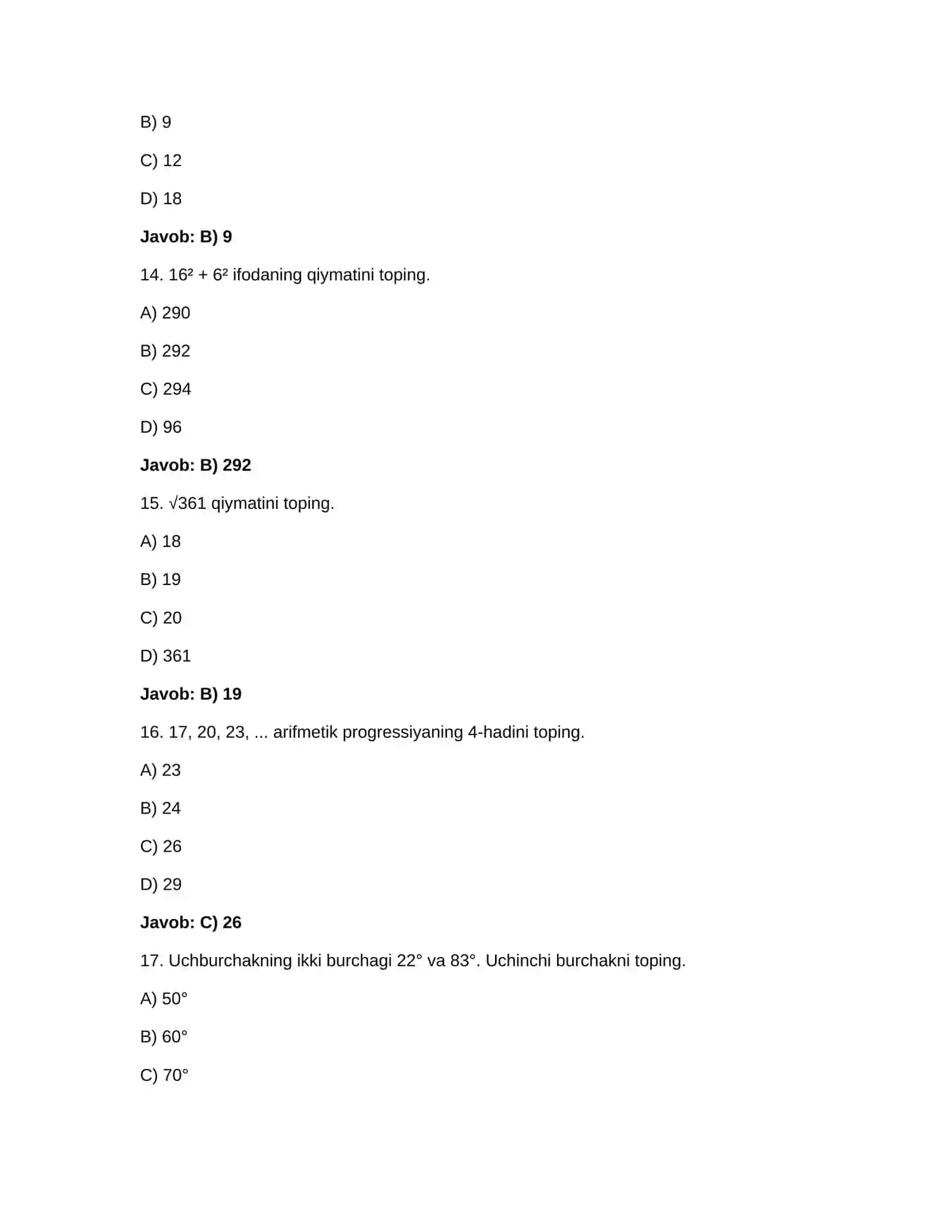 abitureyentlar uchun matematika testi va javobi 4