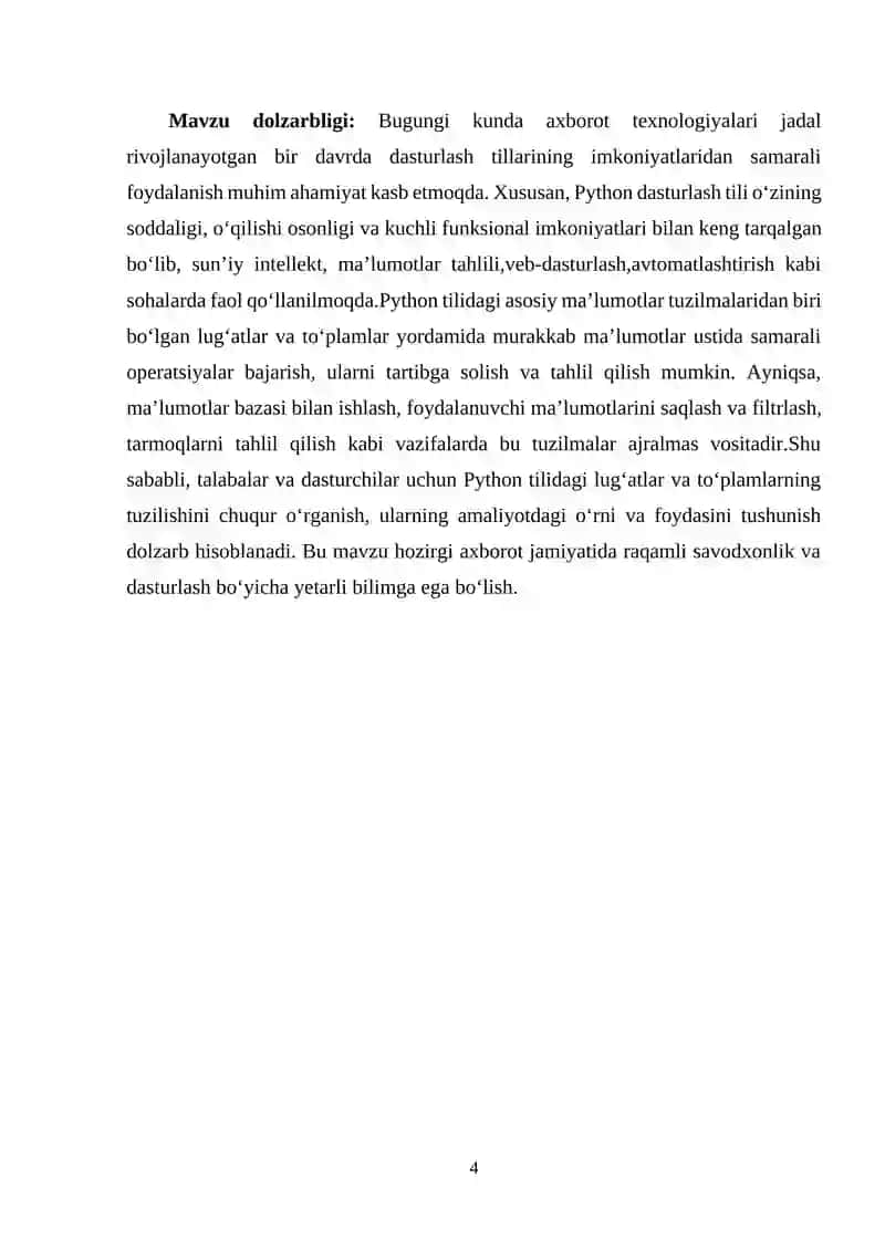 PYTHON DASTURLASH TILIDA LUG’AT VA TO’PLAMLARDAN FOYDALANISH 4
