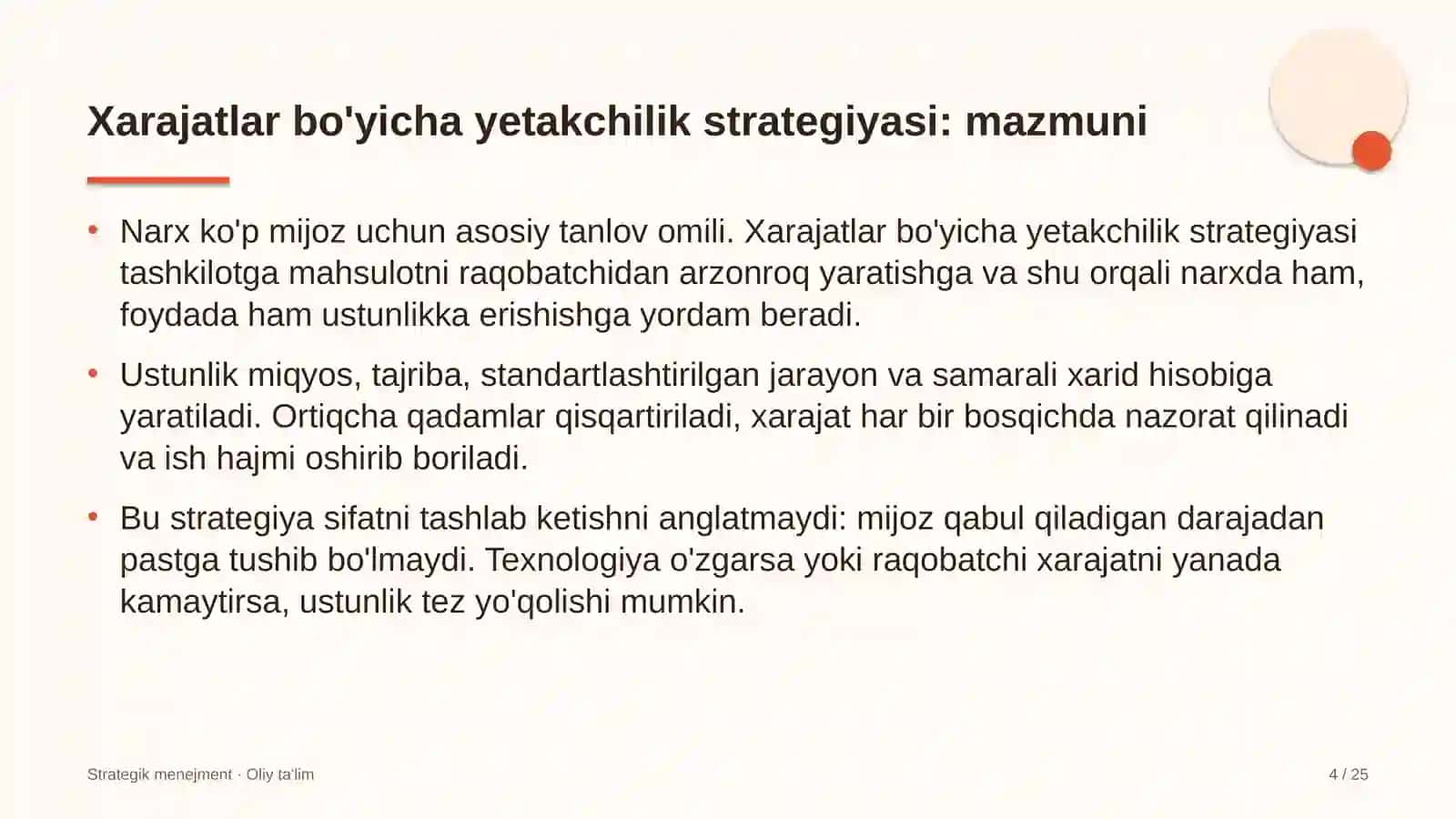 Xarajatlar bo'yicha yetakchilik strategiyasi: mohiyati 4