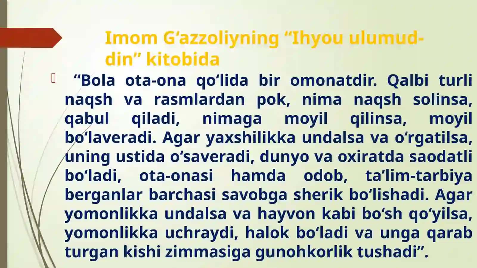 Zamonaviy tarbiyashunoslik muammolari. Tarbiyaning globallashuv jarayonidagi vazifalari. Zamonaviy sharoitda tarbiyaviy jarayonlar va uni tashkil etish yo‘llari. 4