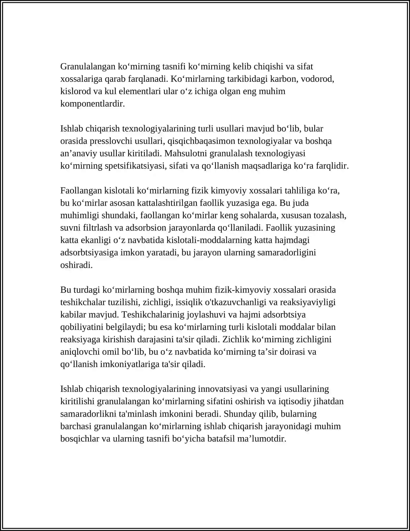Granulalangan koʻmirlar.FAOLLANTIRILGAN KISLOTALARNING FIZIK KIMYOVIY XOSSALARI 4