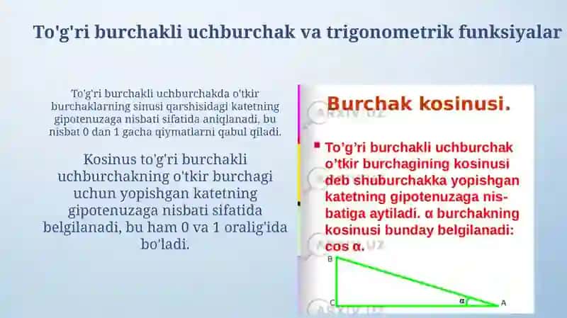 O‘TKIR BURCHAKNING SINUSI, KOSINUSI, TANGENSI VA KOTANGENSI 4