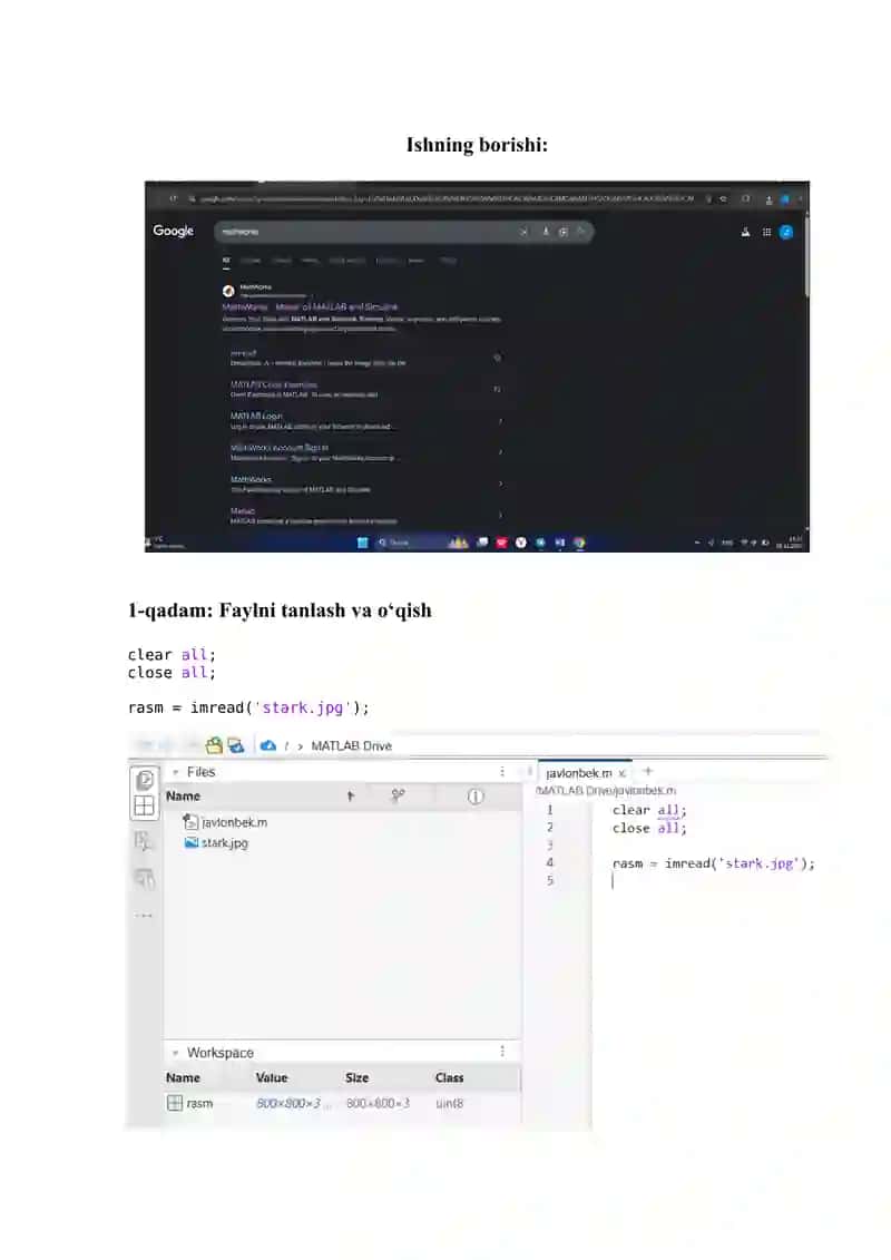 Tasvirni o‘qish, ko‘rsatish va formatlarni aniqlash (MATLAB muhitida) amaliy mashg'ulot 4