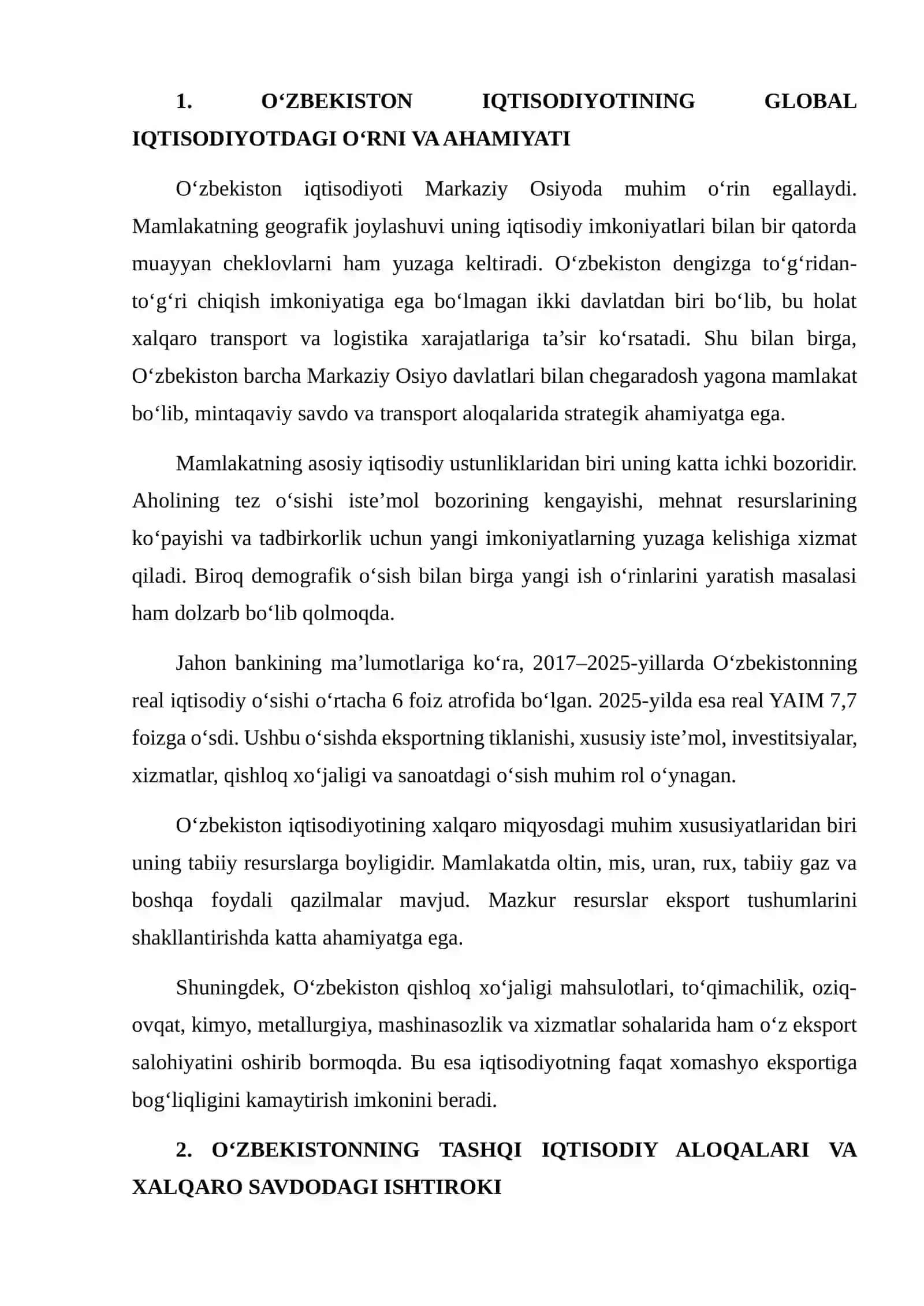 O'ZBEKISTONNING GLOBAL IQTISODIYOTDAGI O'RNI VA RIVOJLANISH ISTIQBOLLARINI TAHLIL QILISH 4