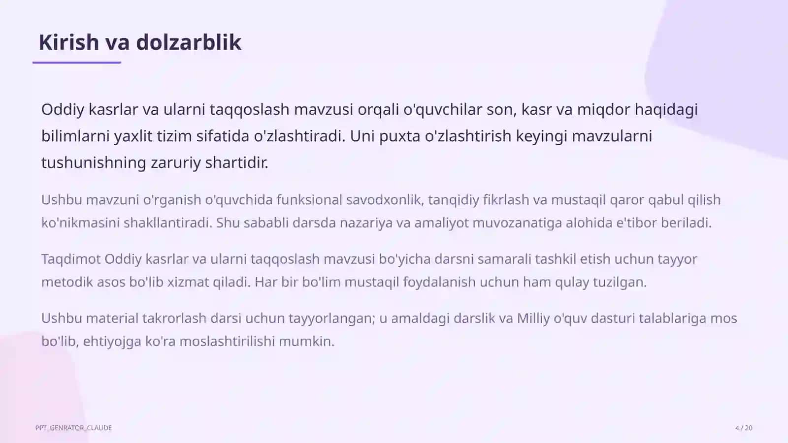 Oddiy kasrlar va ularni taqqoslash (5-sinf) 4