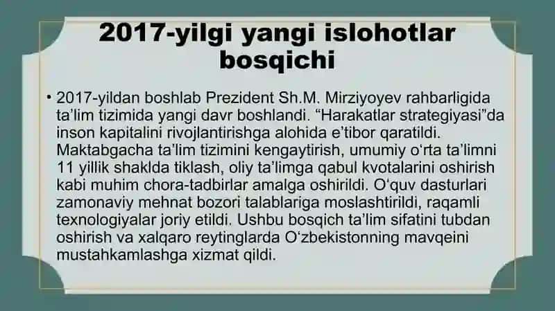 O‘zbekiston Respublikasi ta'lim sohasida amalga oshirilgan islohotlar 4