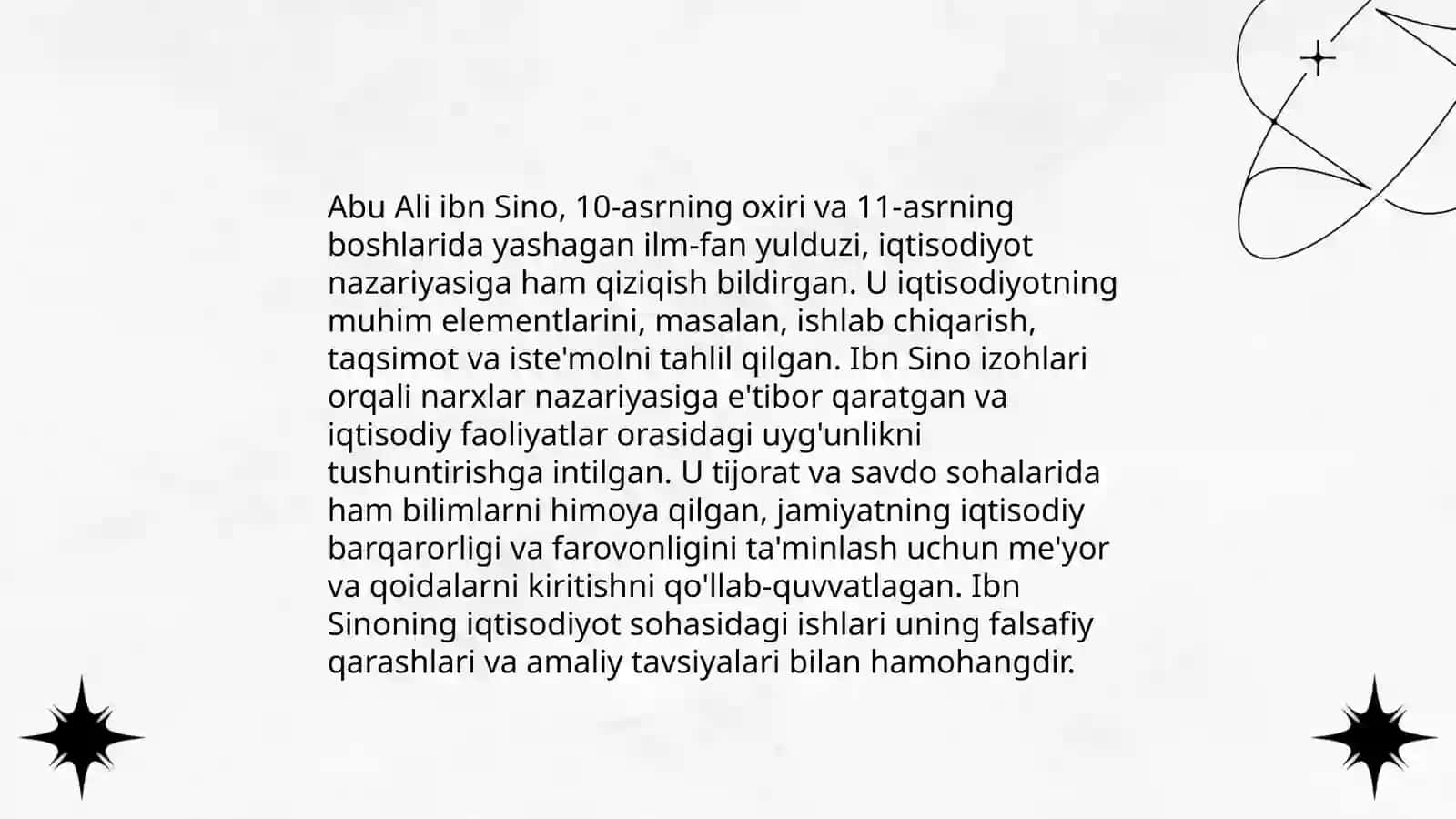Iqtisodiyot Nazariyasi fanining fan sifatida shakllanishida buyuk allomalarning jumladan:Ibn Xoldun,Abu ali ibn-Sino,Abu Nasr Farobiy,Abu Rayhon Beruniy,M.Ulug'beklarning roli 4