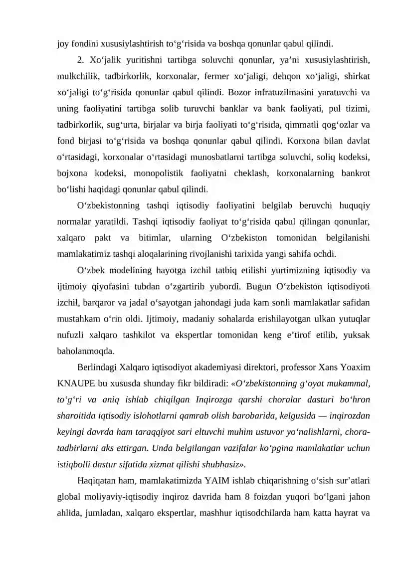 Taraqqiyotning “O‘zbek modeli”. Iqtisodiy islohotlar 4