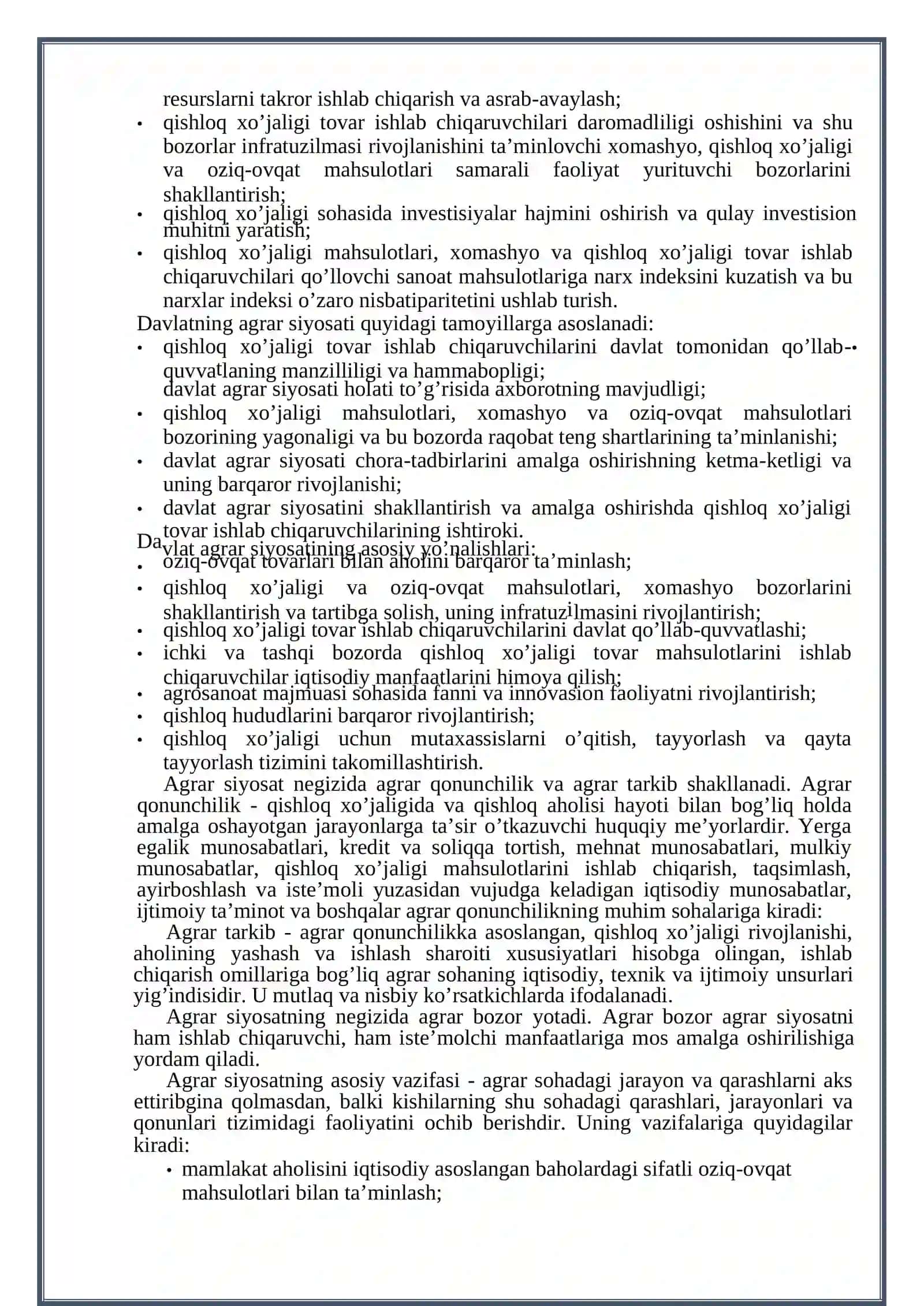 O’zbekiston Raspublikasi agrar siyosatining mazmuni, maqsadi va asosiy yo’nalishlari 4
