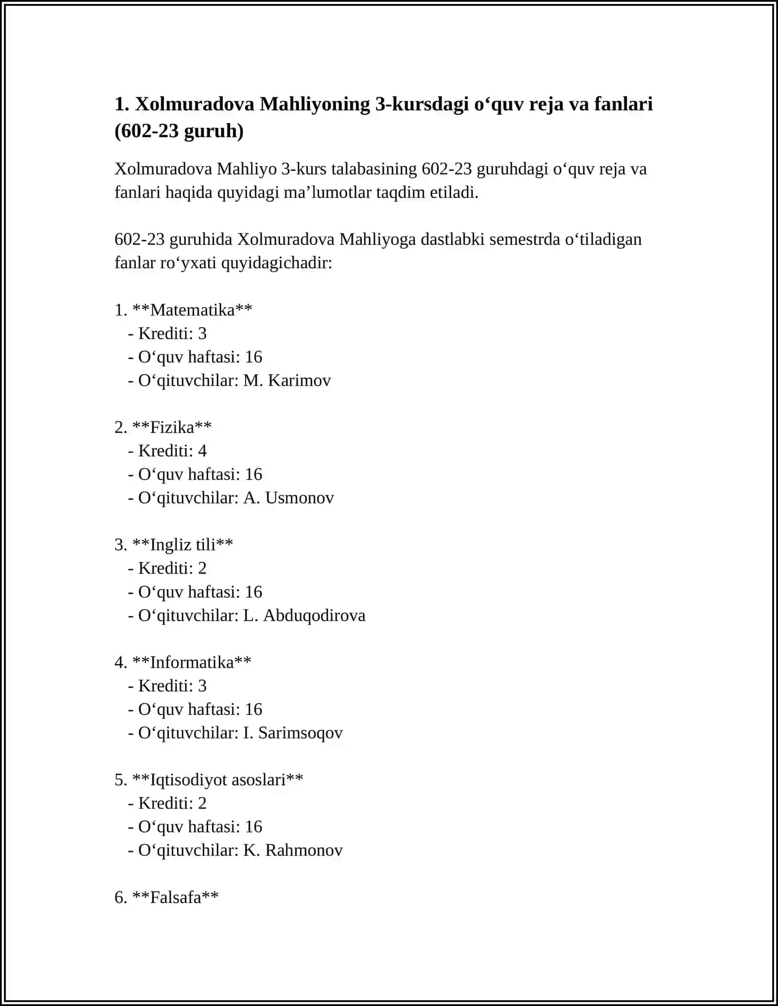 Xolmuradova Mahliyo 3-kursdagi o‘quv reja va fanlari 4