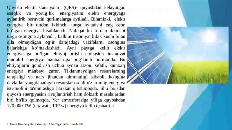 Quyosh elektr stansiyalari va ularning klassifikatsiyasi Fotoelektrik Stansiyalarning matematik modeli va parametrlarini hisoblash. 4