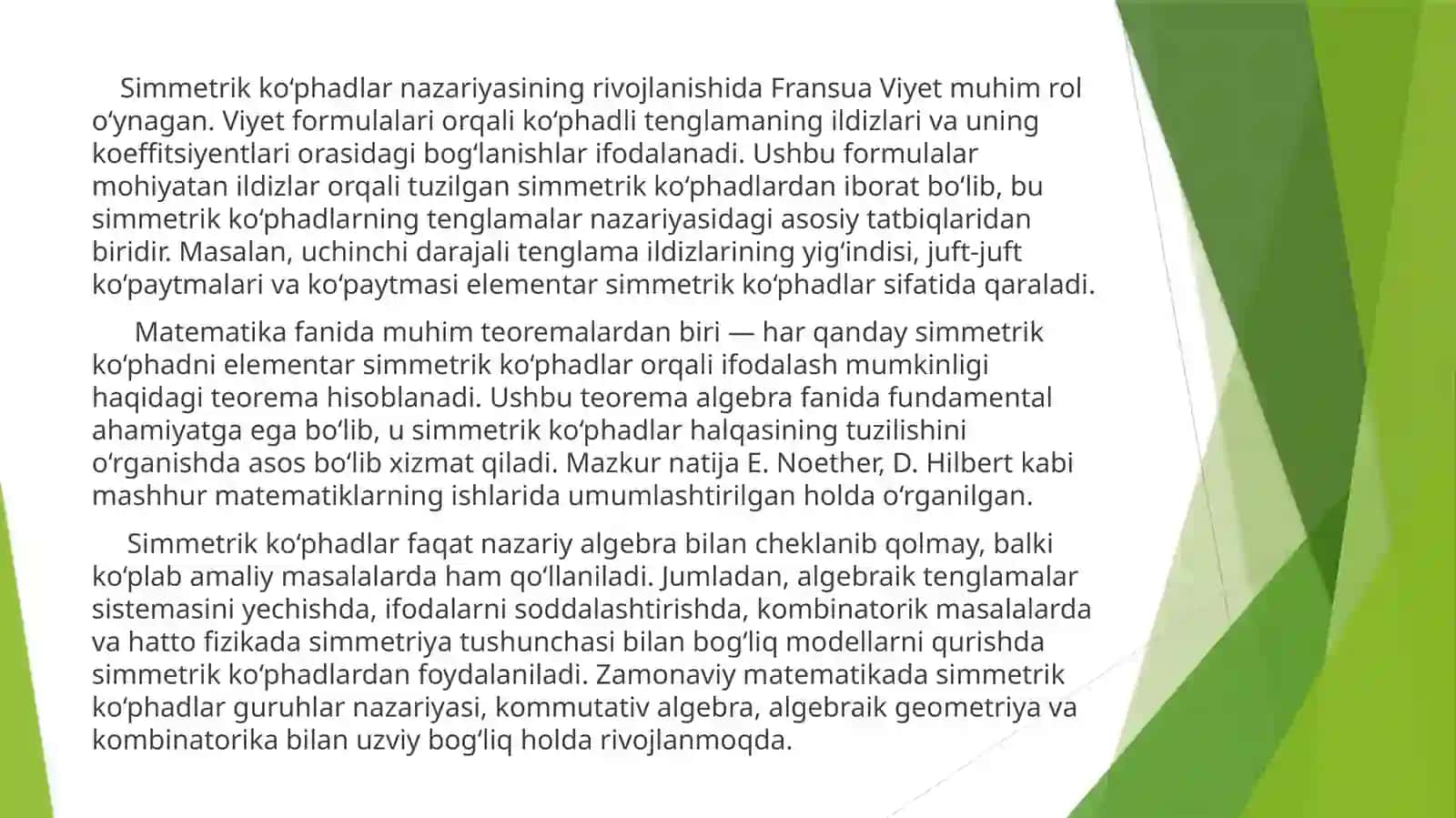 MATEMATIKA TA’LIM YO‘NALISHI M_24_02-GURUH TALABASI ODILOVA DILBARNING “ALGEBRA” FANIDAN “SIMMETRIK KO‘PHADLAR VA ULARNING TATBIQLARI” MAVZUSIDA TAYYORLAGAN KURS ISHI TAQDIMOTI 4